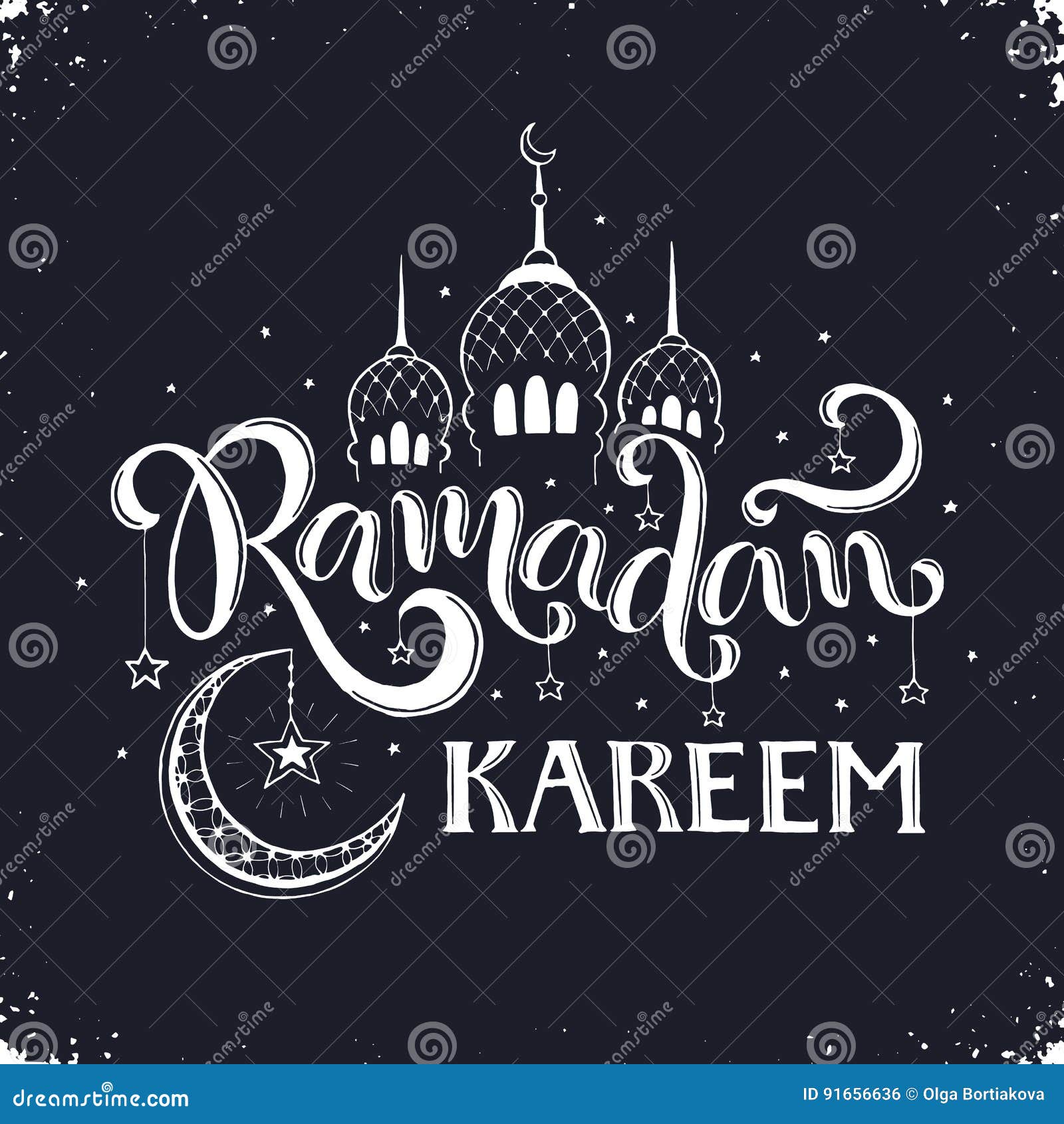 Ramadan Kareem hand drawn calligraphy on chalkboard Islam 9th month symbols Mosque dome crescent and stars with Ramadan wording in sketch style