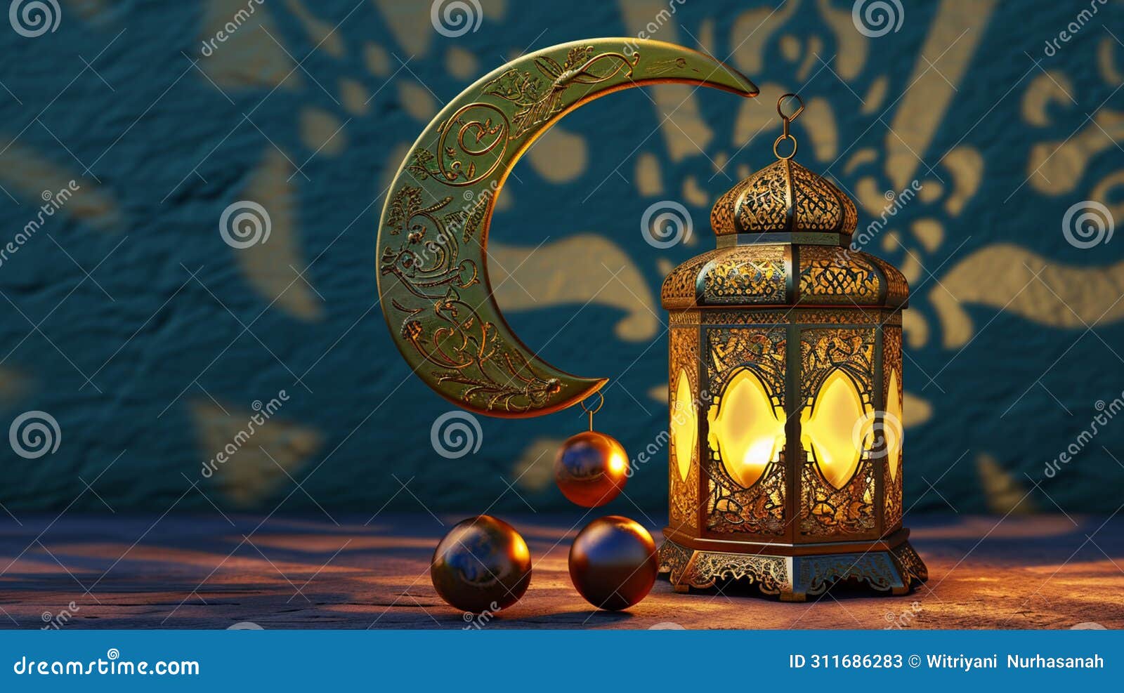 ramadan lantern, crescent moon, gold circle and cannonballs. generative ai