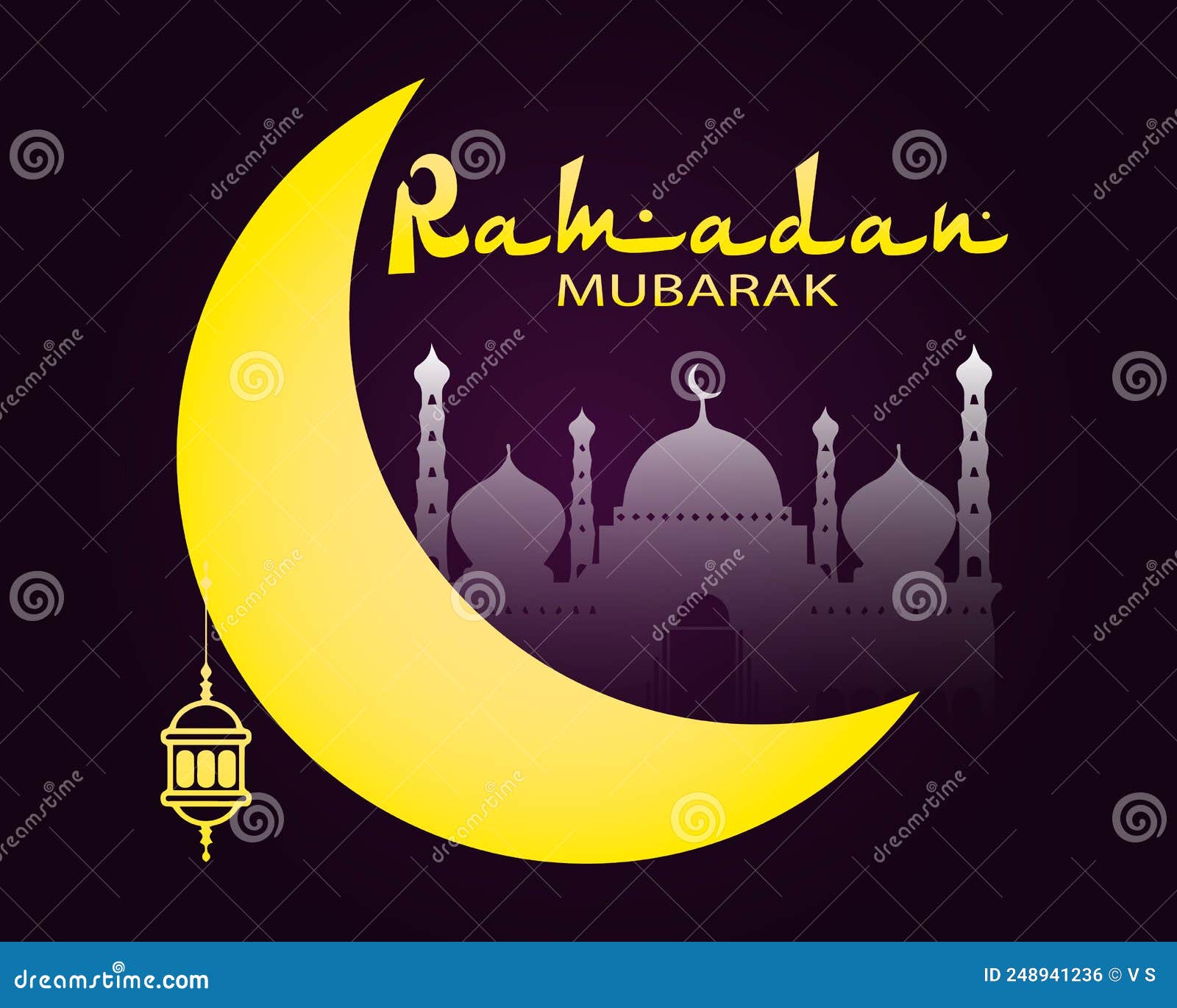 ramadan mubarak text, waxing moon, mosque silhouette and lantern on dark background. festive 