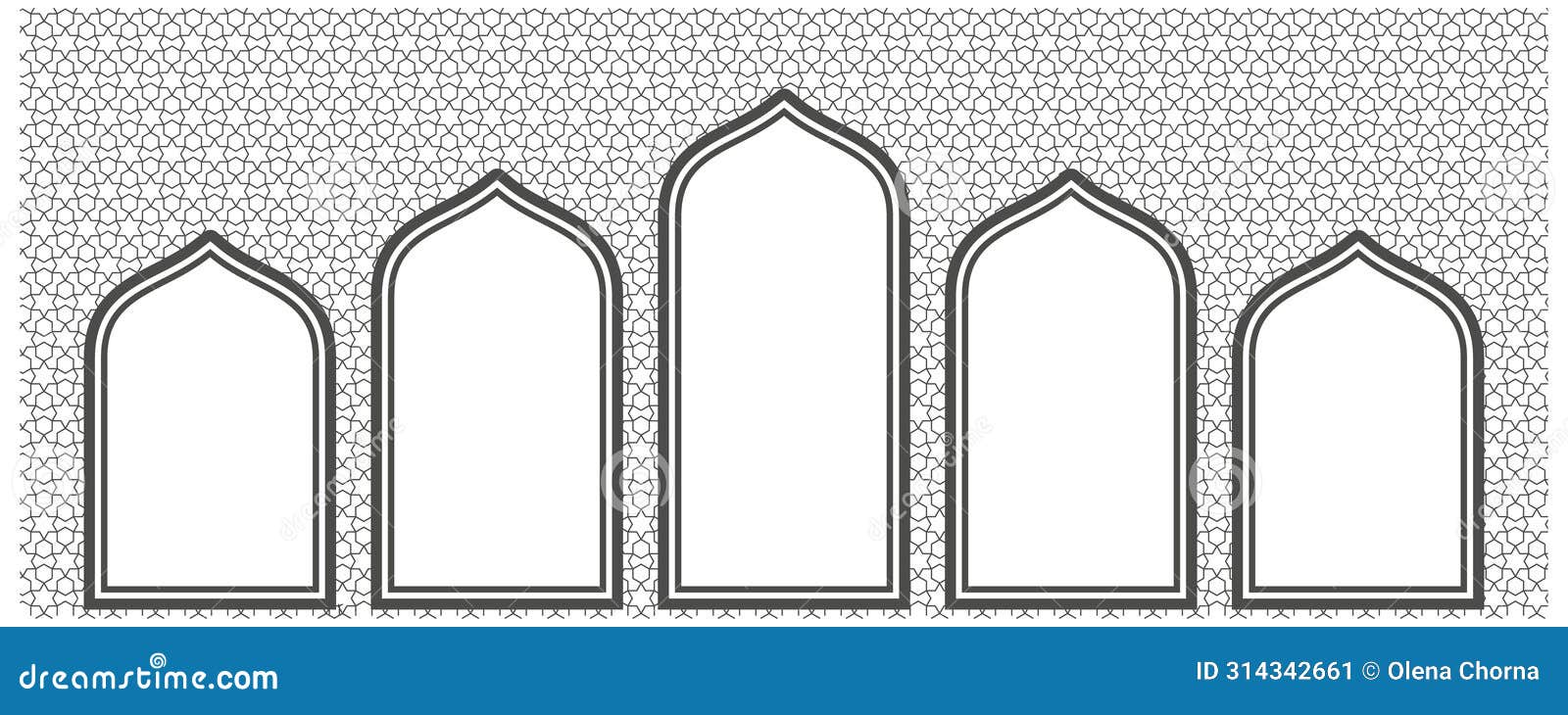 ramadan windows on pattern wall. doors and arches in arabic mosque. arabesque ornament on white background. interior