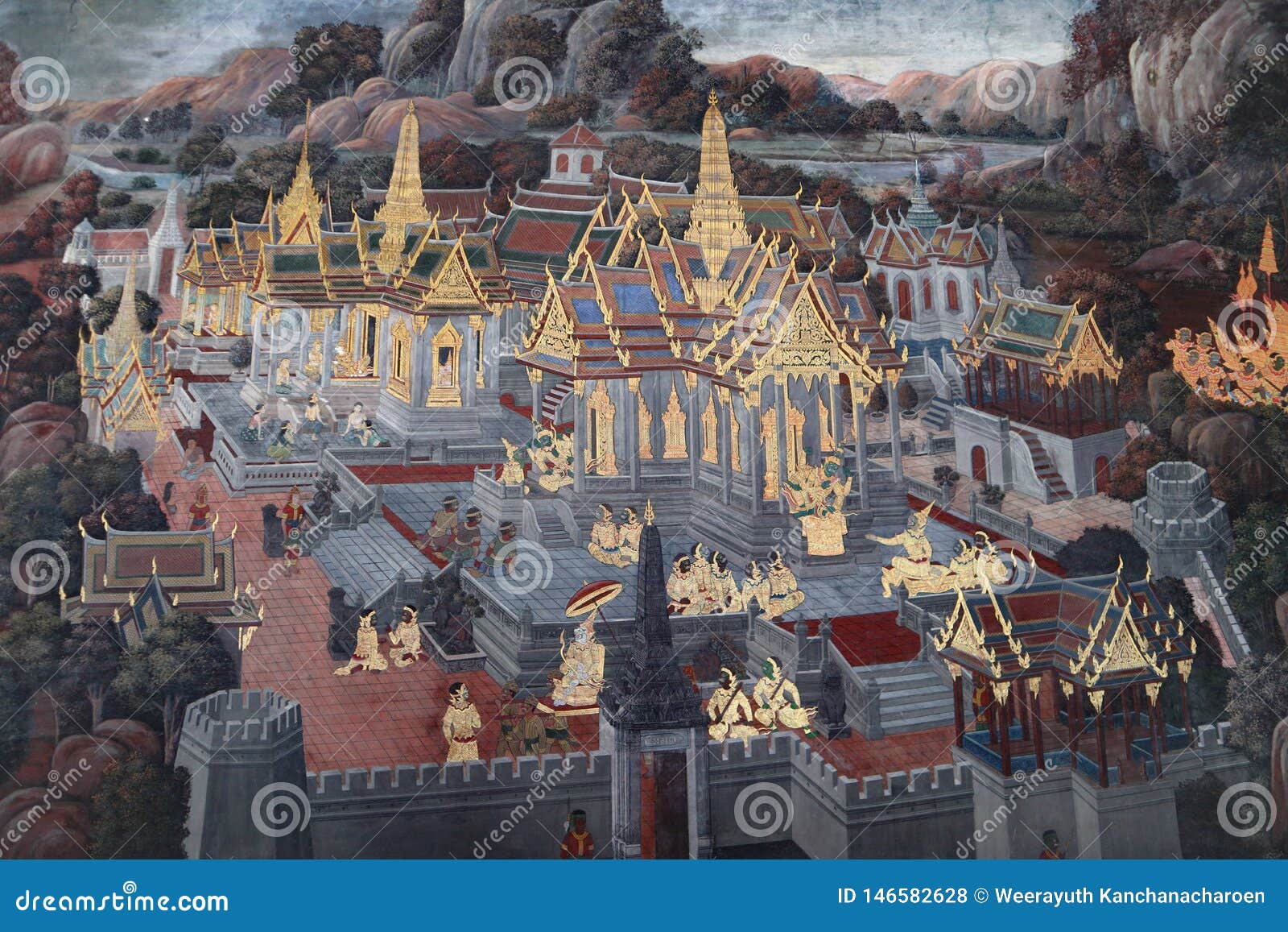 the ramakien ramayana mural paintings along the galleries of the temple of the emerald buddha, grand palace or wat phra kaew