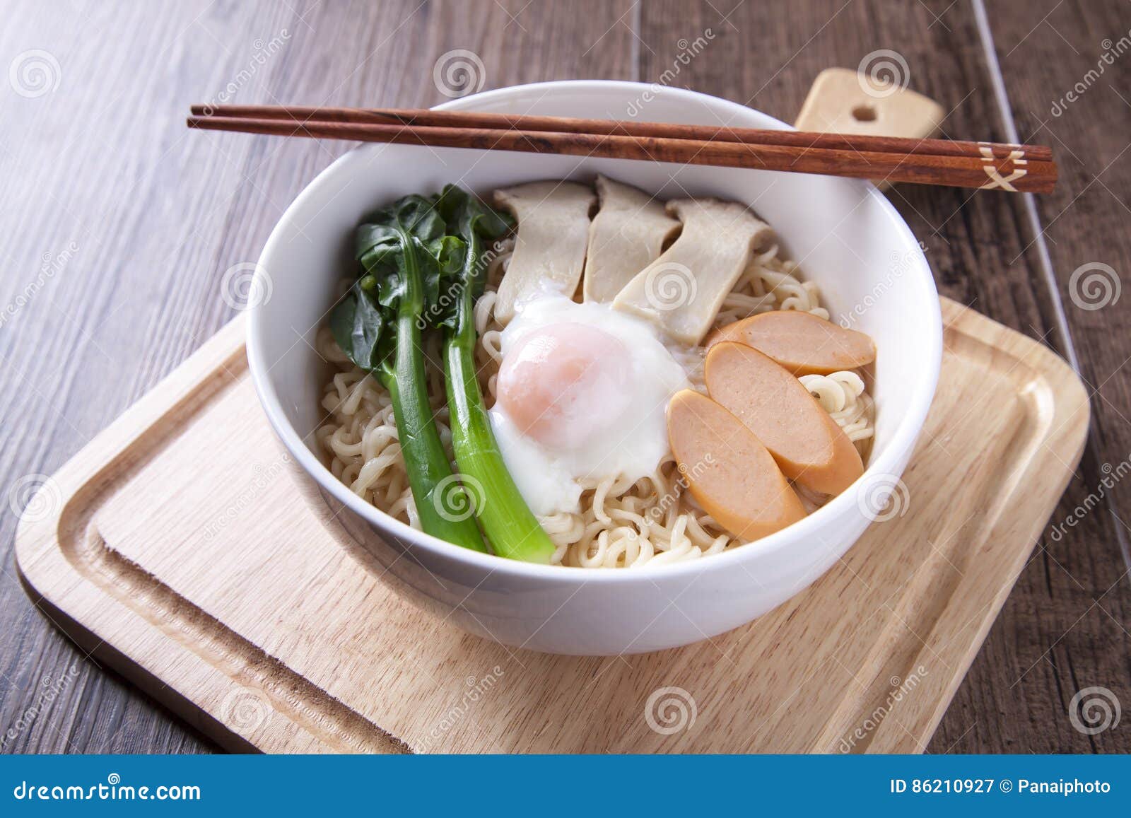 Ramen with Chinese Kale, Egg, Sausage, Mushroom for Brakefast Stock