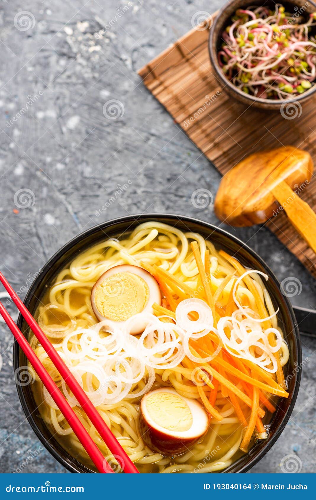 Ramen Soup with Marinated Egg Served with Noodles and Fresh Vegetables