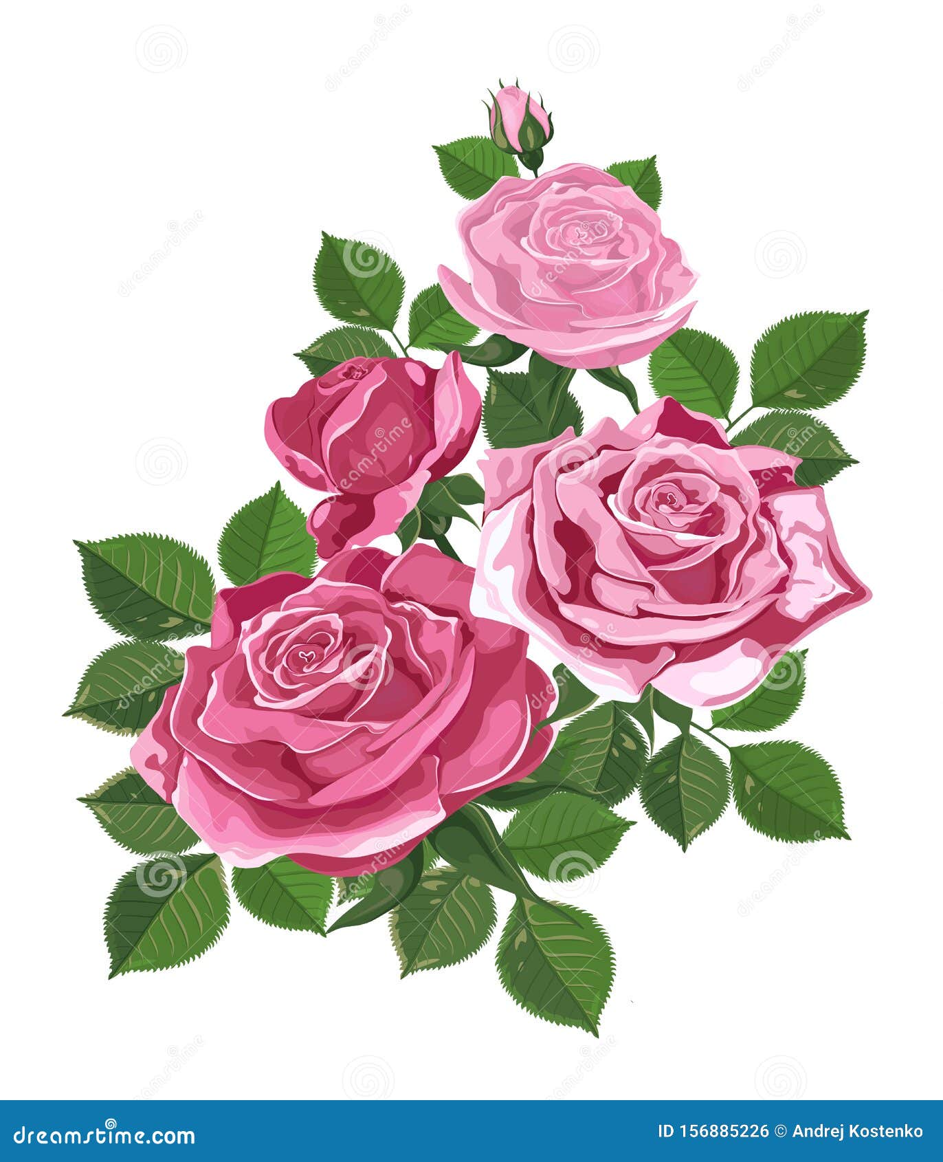 Ramo De Flores Aislado En Blanco. Dibujo Acuarela De Hojas De Flores Rosas  Stock de ilustración - Ilustración de floral, rosa: 156885226