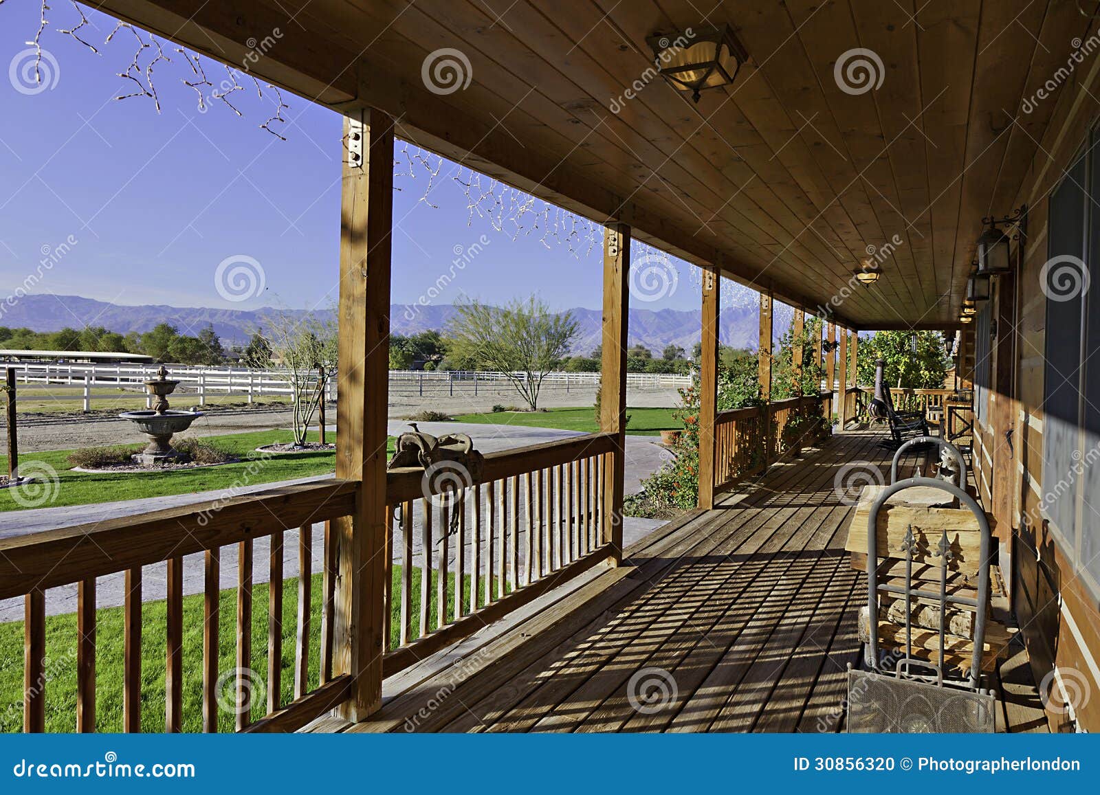 Ranch Porch Overlooking Horse Stables Stock Photo Image of house