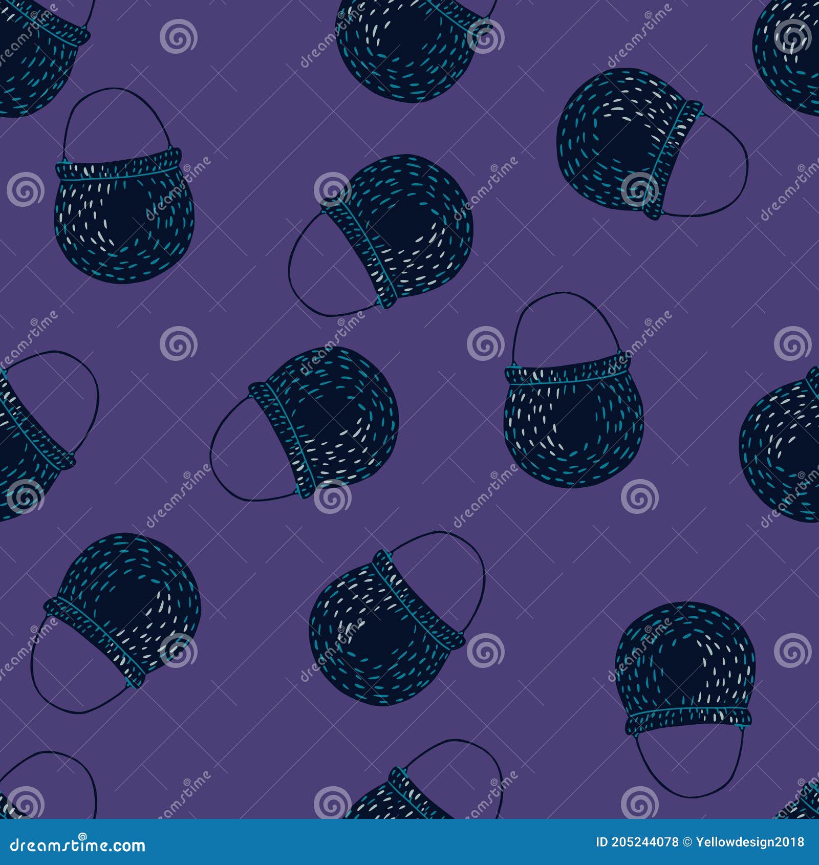 random seamless pattern with doodle boling pot ornament. purple bright background