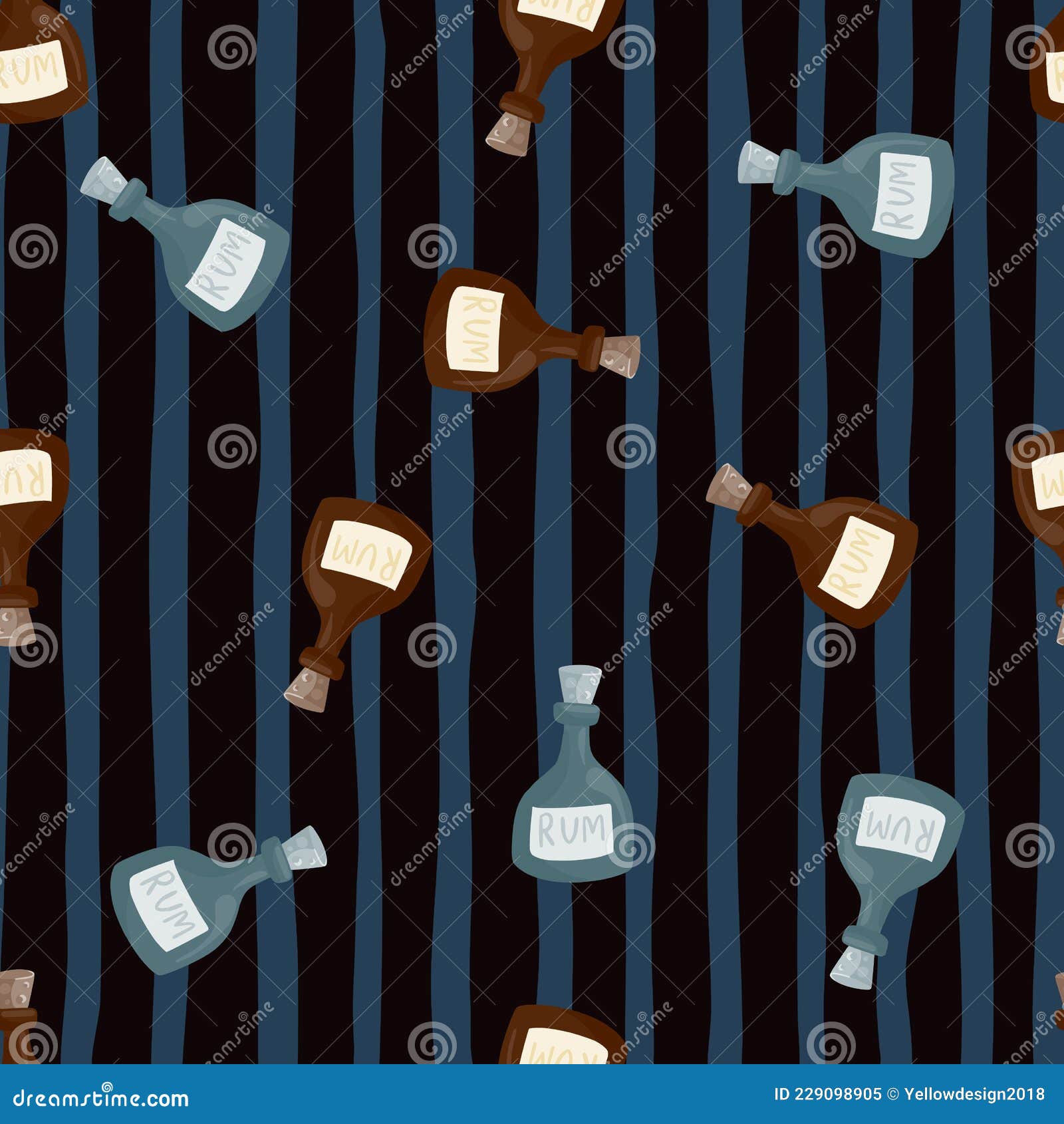 Random Seamless Patternn with Doodle Rum Bottle Shapes Print. Dark Blue