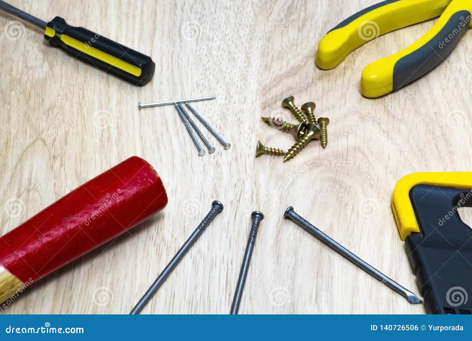 Range of Tools for Wood Hammer, Nails, Saw. Stock Photo Image of