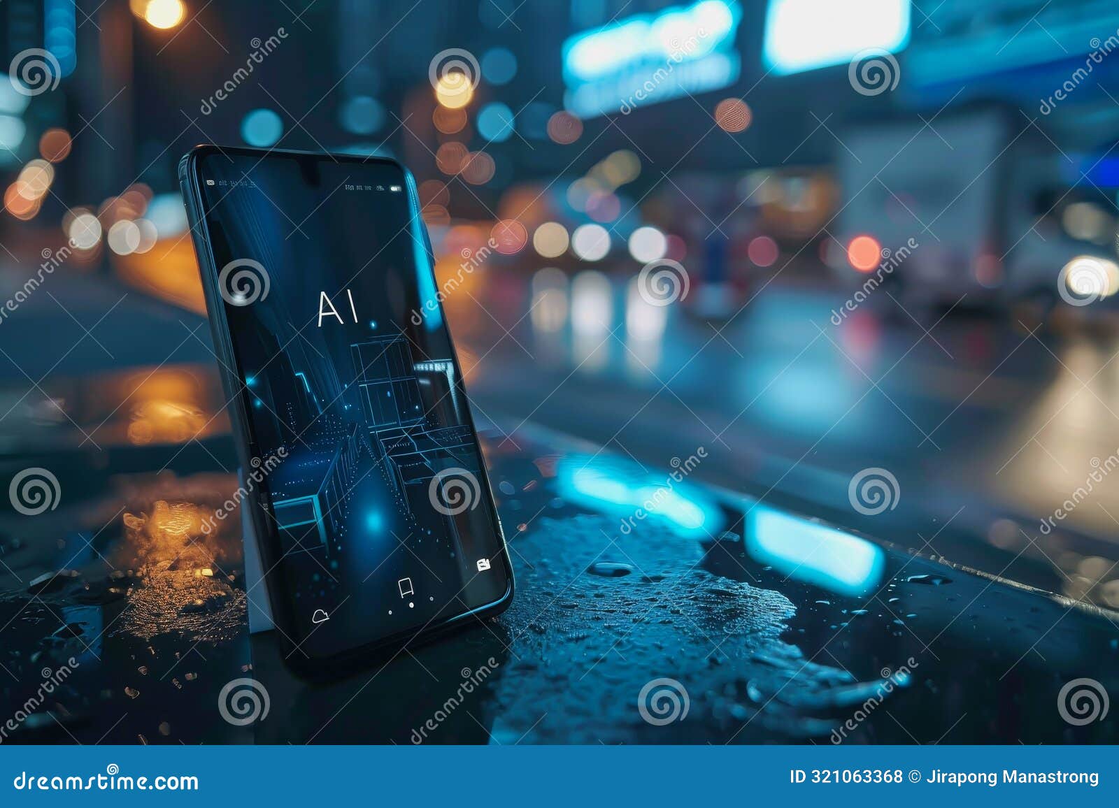 ransparent smartphone display on with ai text to the screen for futuristic technology 