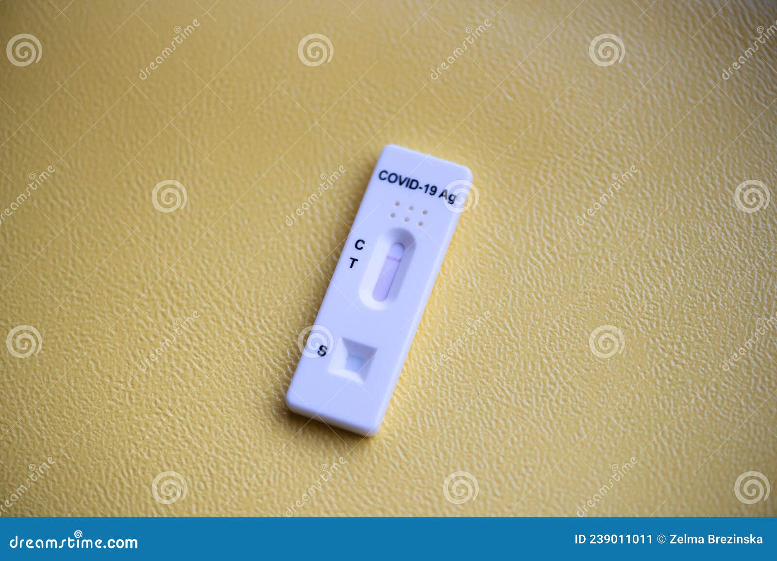 rapid antigen detection test radt with covid-19 ag inscription and one red stripe showing a negative