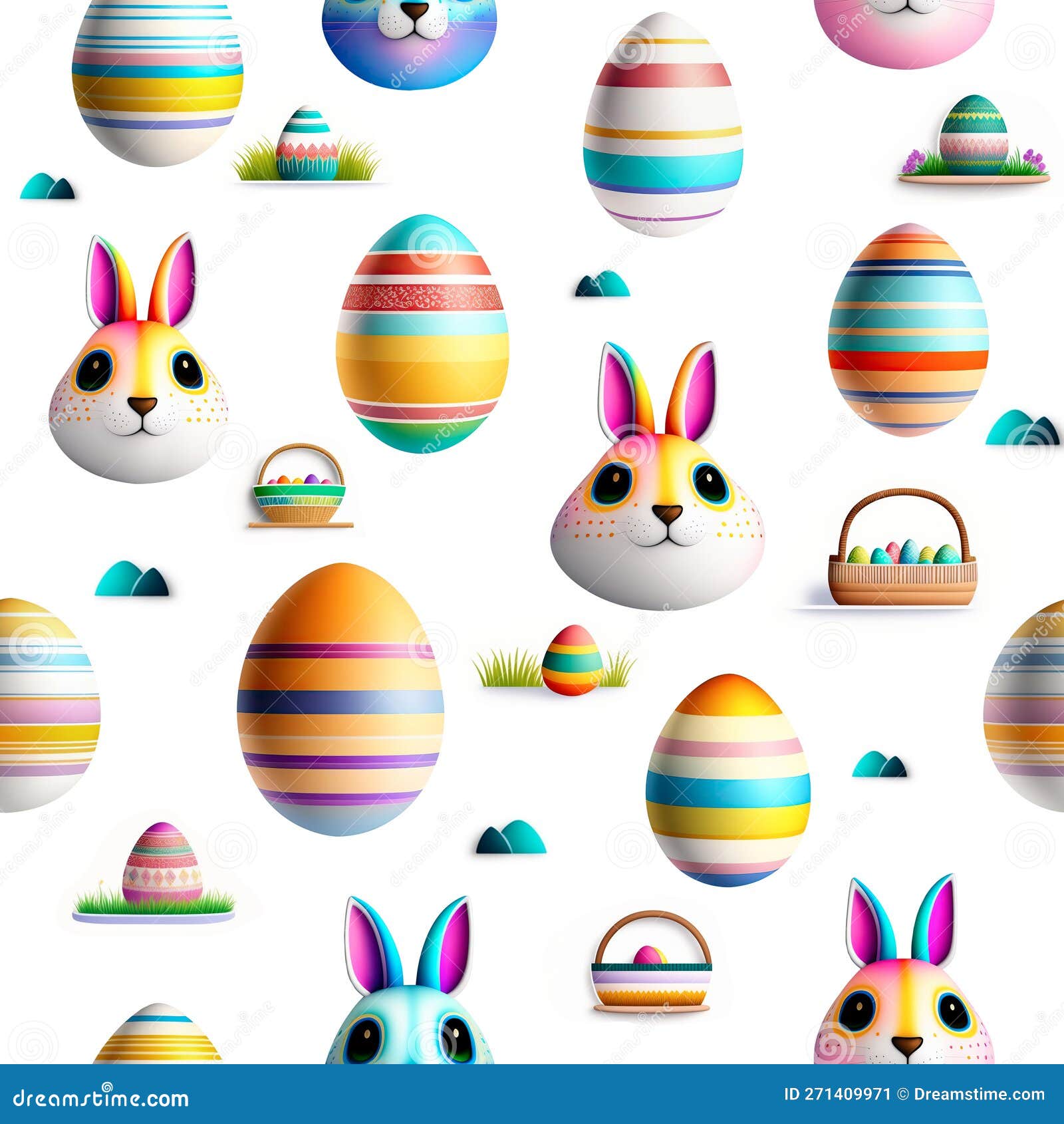 rapport seamless of easter eggs and bunnies with relief in white background. generative ai. pattern mirrored