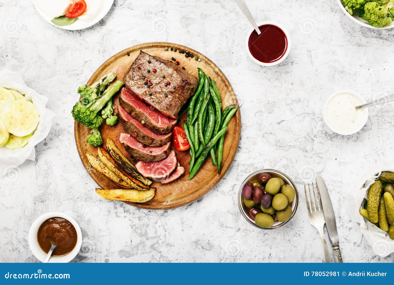 Rare Steak with Vegetable Garnish and Sauces Stock Image Image of