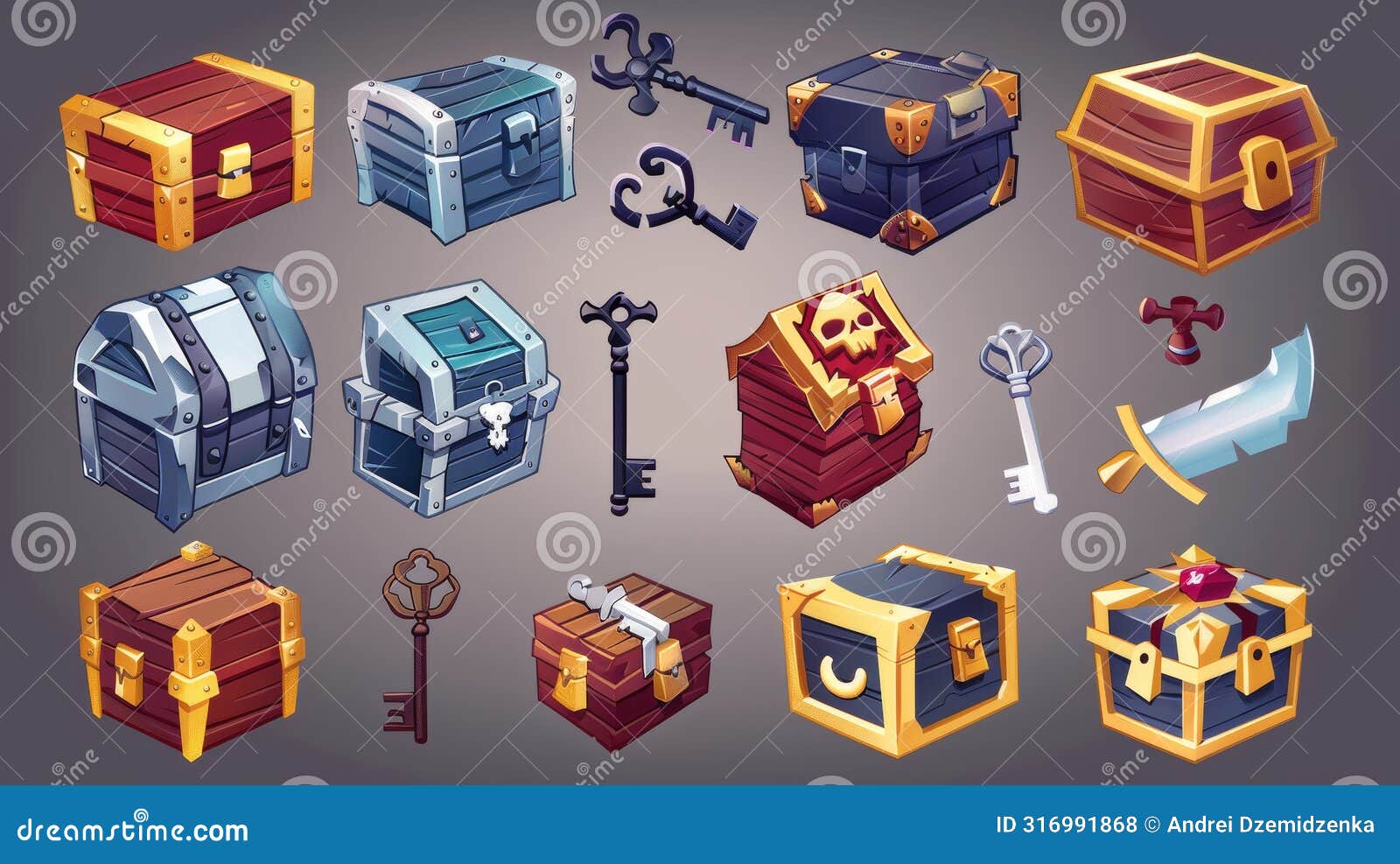 rare treasure chests and keys evolution, trophy trunks and skeleton keys, level bonus, pirate loot, fantasy assets