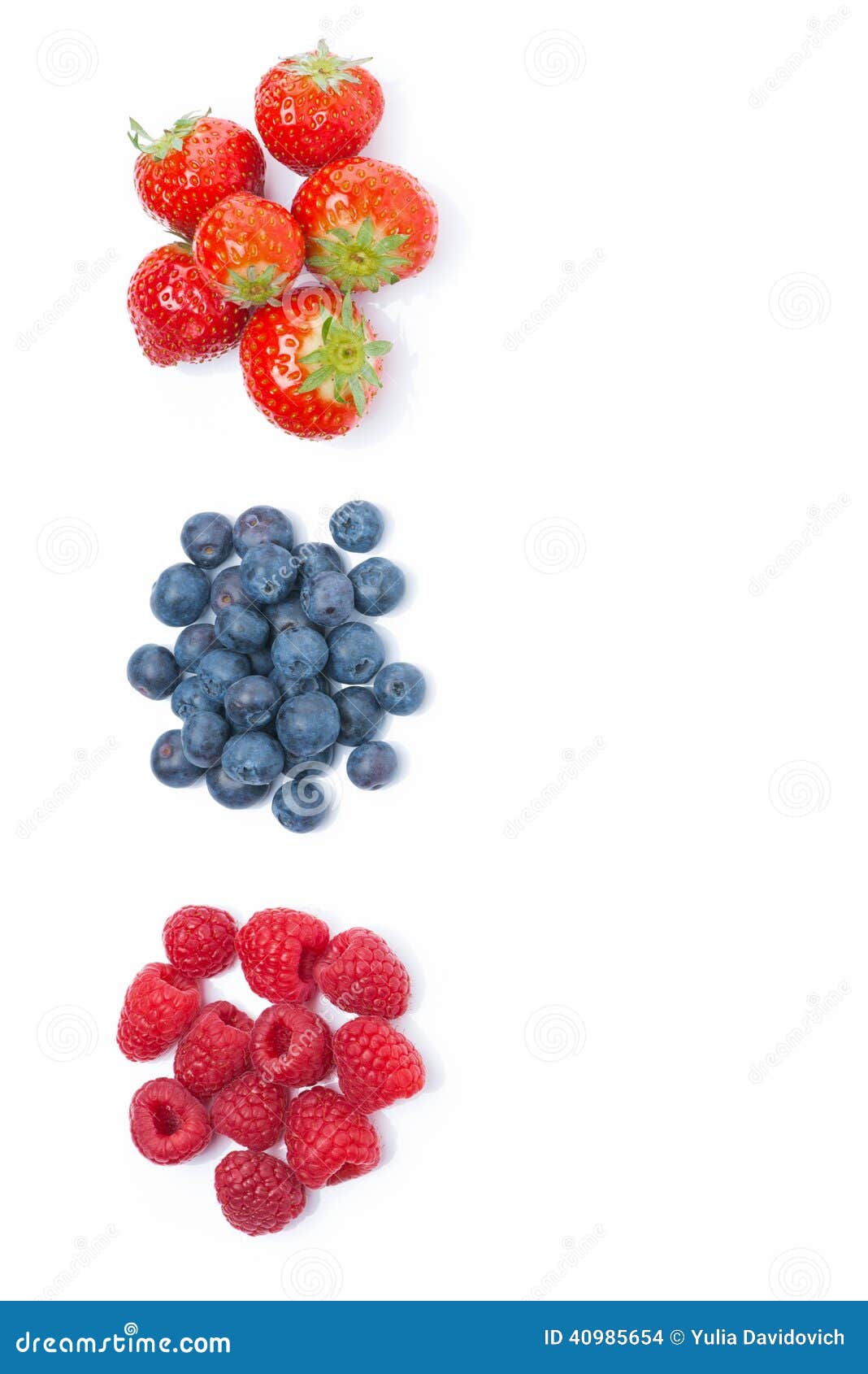 Raspberries, Blueberries and Strawberries, Top View, Isolated Stock