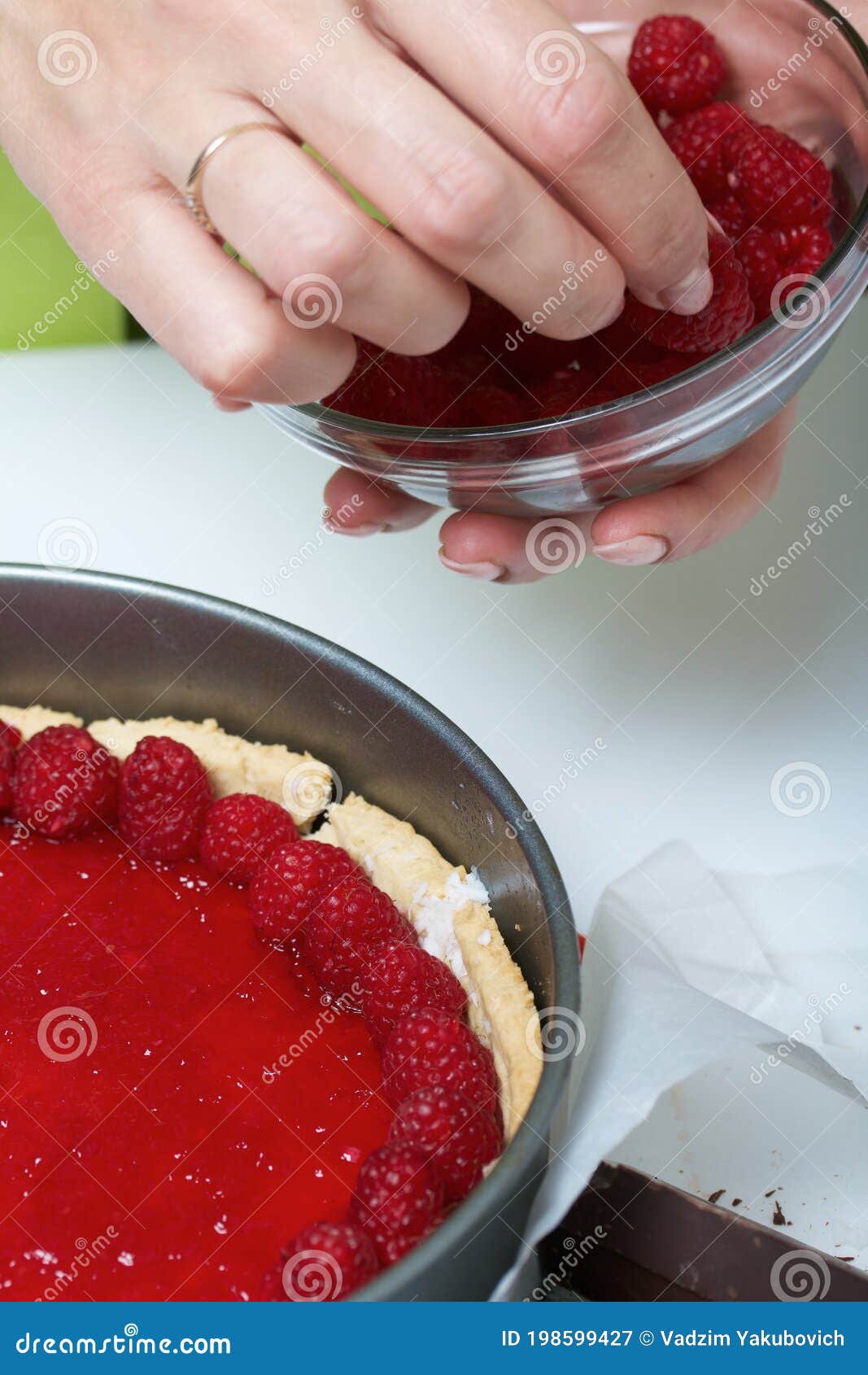 raspberries on raspberry jelly. levington cake, stages of preparation
