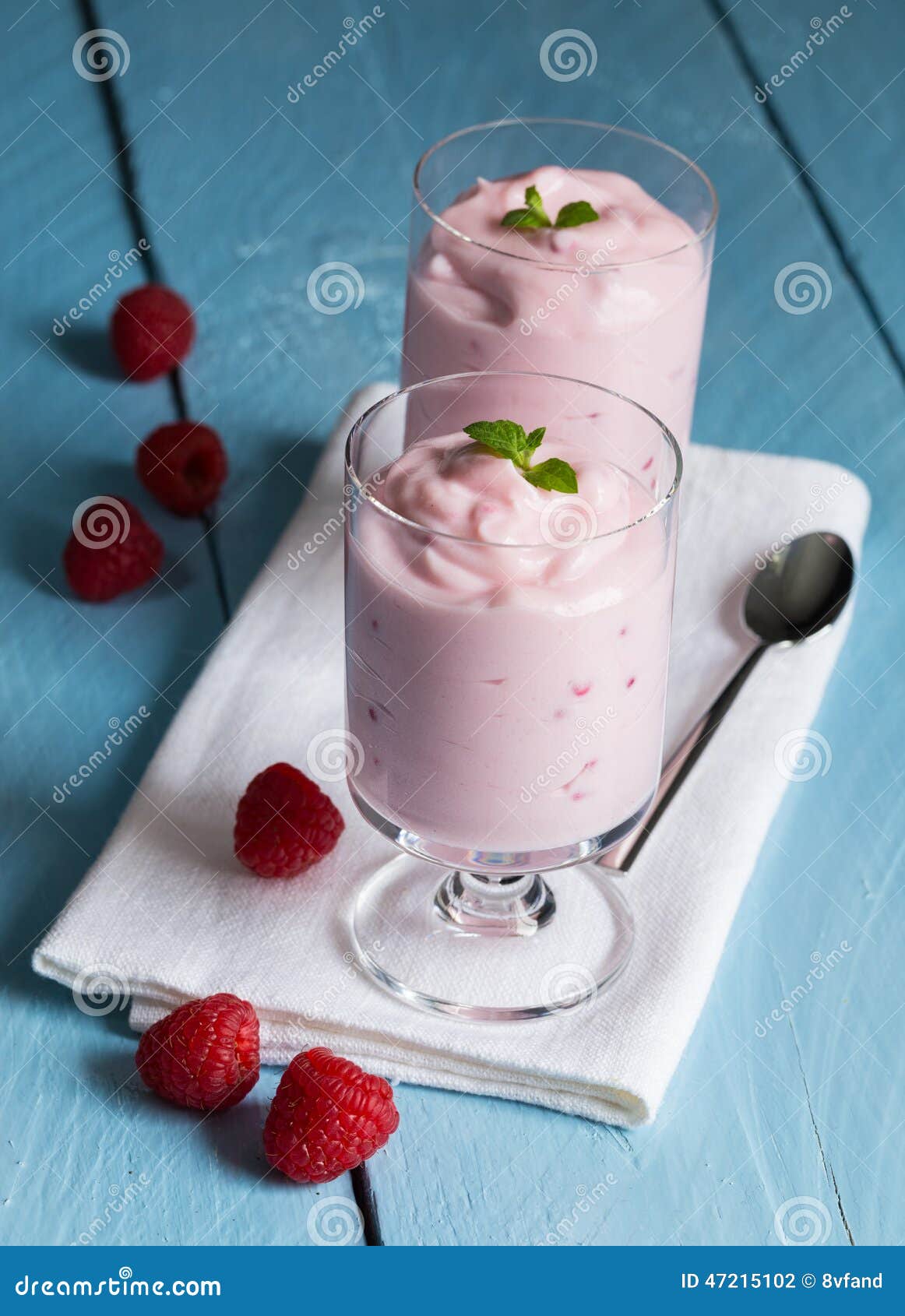 Raspberry Cream Dessert with Mint Stock Photo Image of country