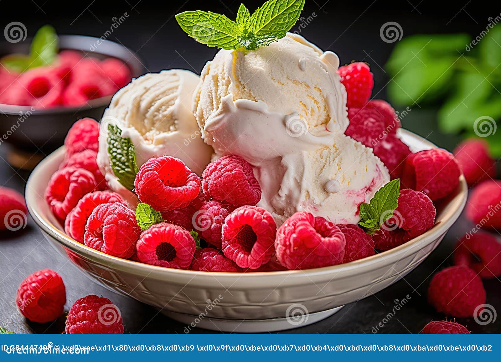 Raspberry Ice Cream Balls with Natural Raspberries. Generative AI Stock