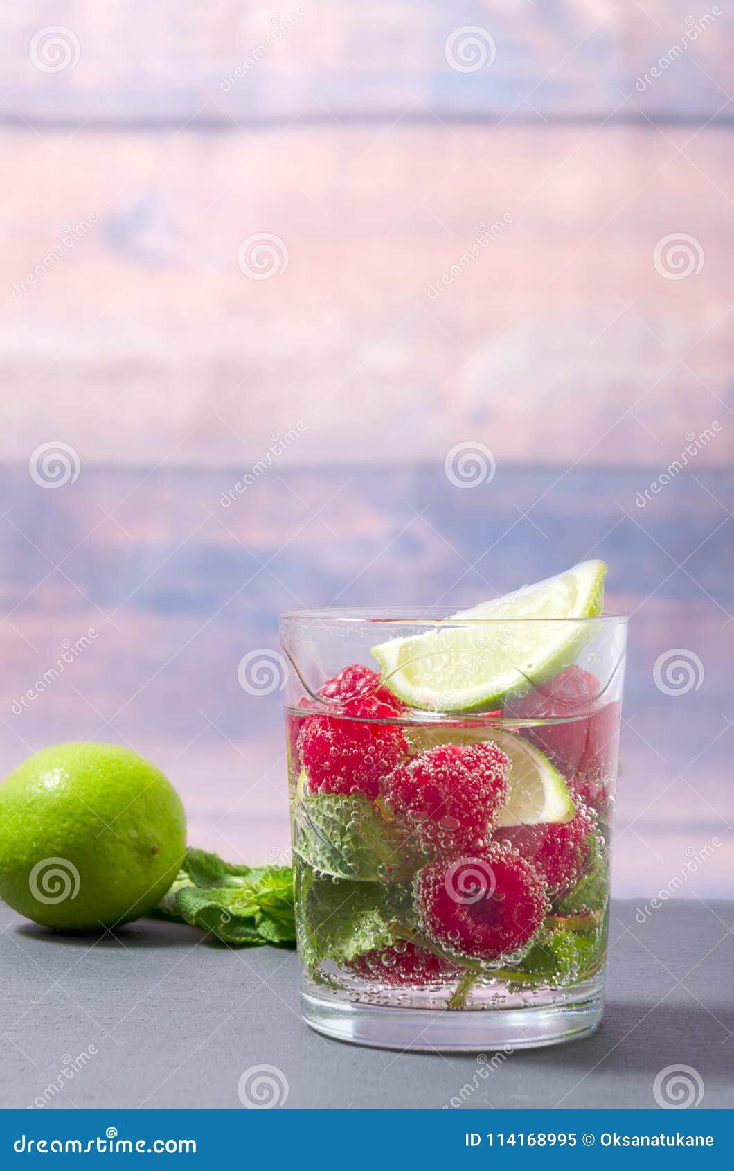 Raspberry Lemonade With Lime And Mint In A Glass Non Alcoholic Raspberry Refreshment Drink Stock Image Image Of Closeup Cool 114168995