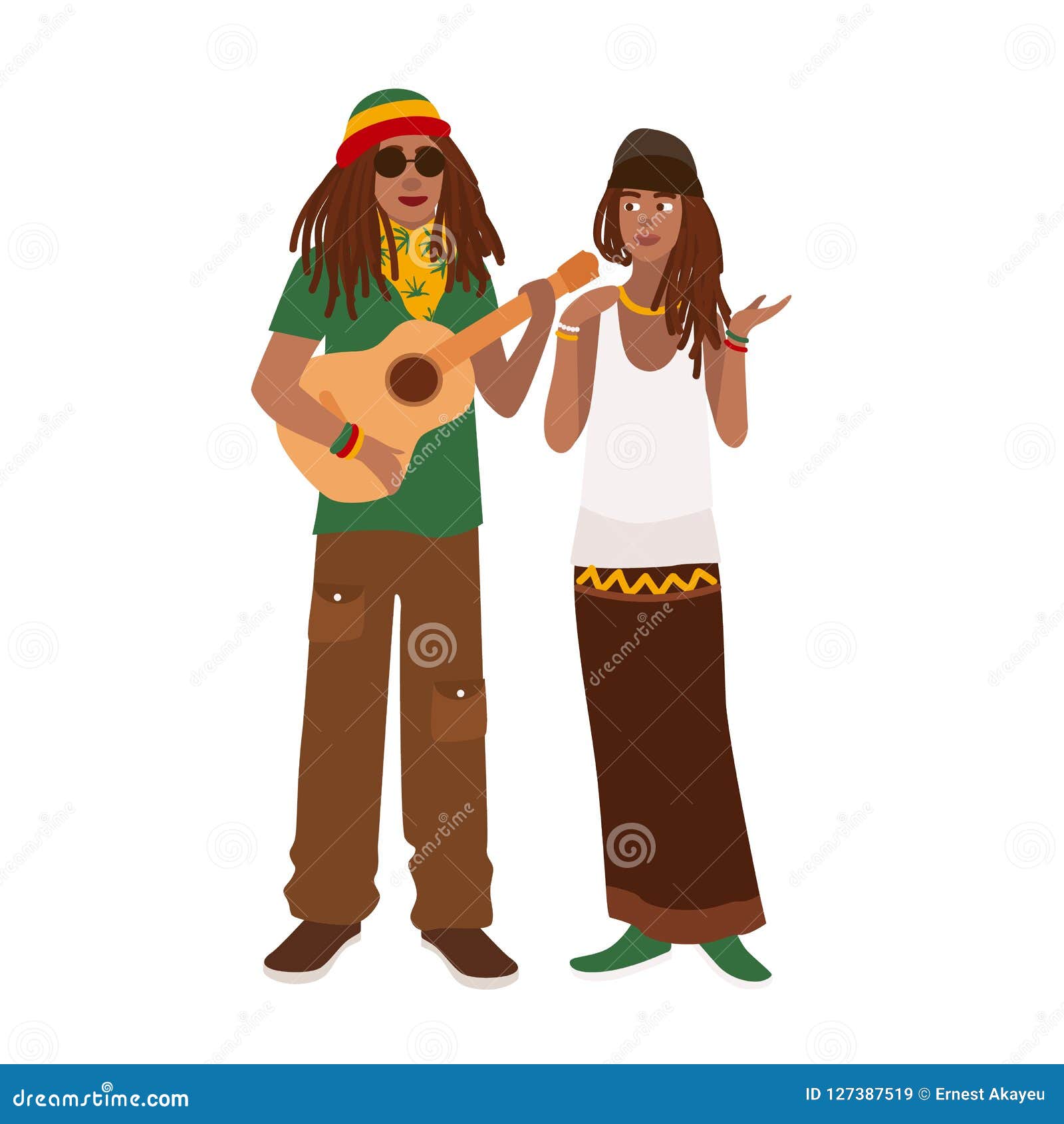 rastafari couple. man wearing rastacap and playing guitar and woman standing together. boyfriend and girlfriend