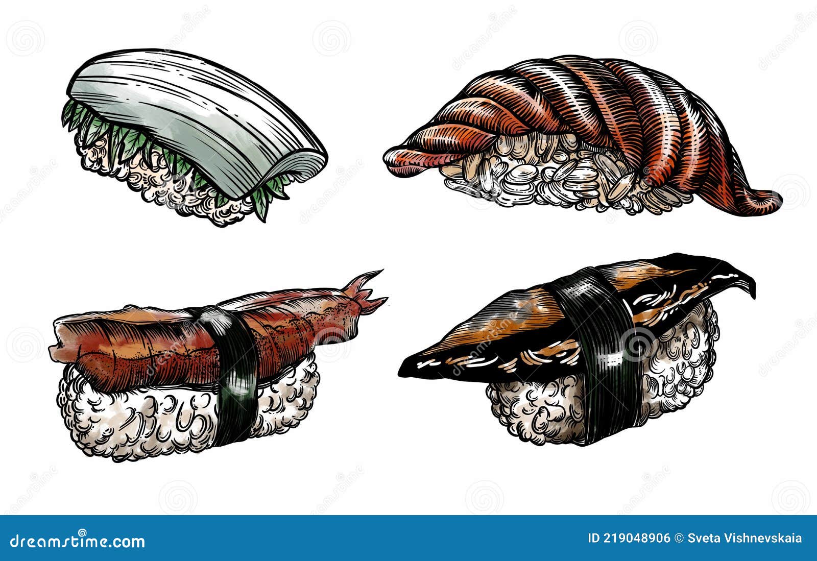 Raster Illustration of Rolls, Sushi and Seafood in the Sketch Style ...