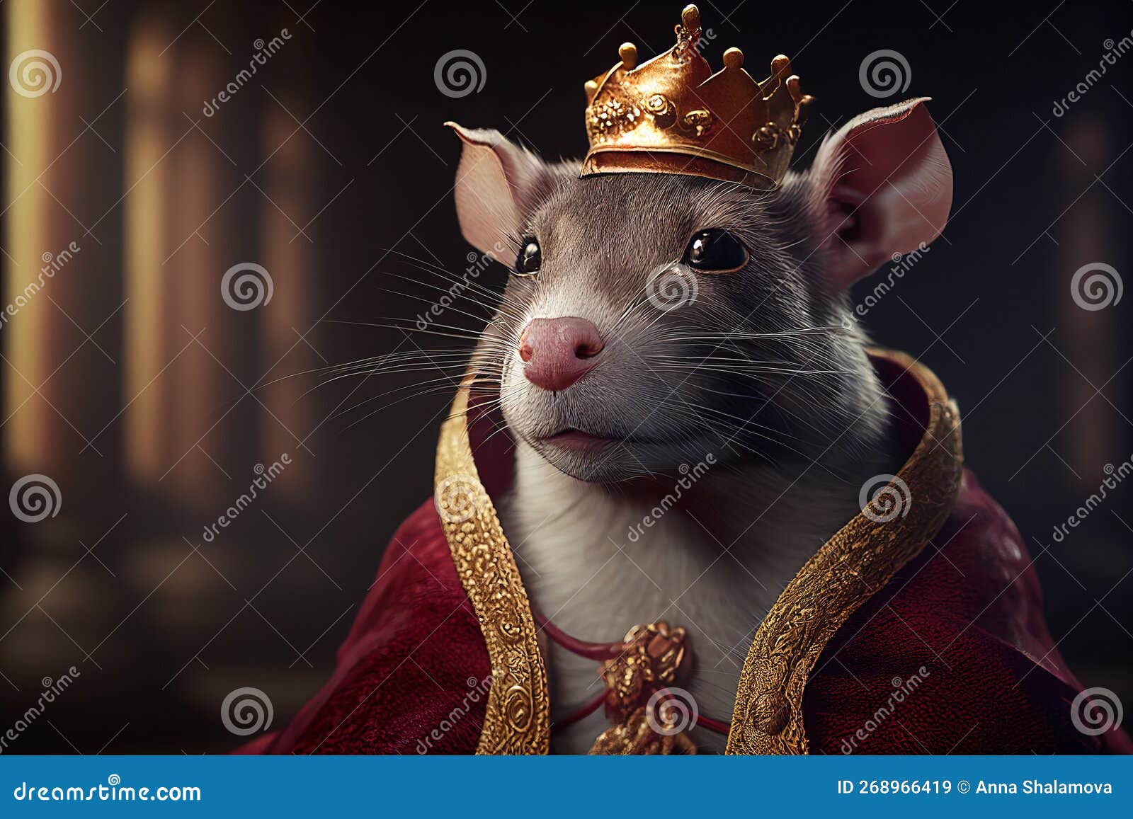 Medieval painting, realistic grey rat wearing a crown