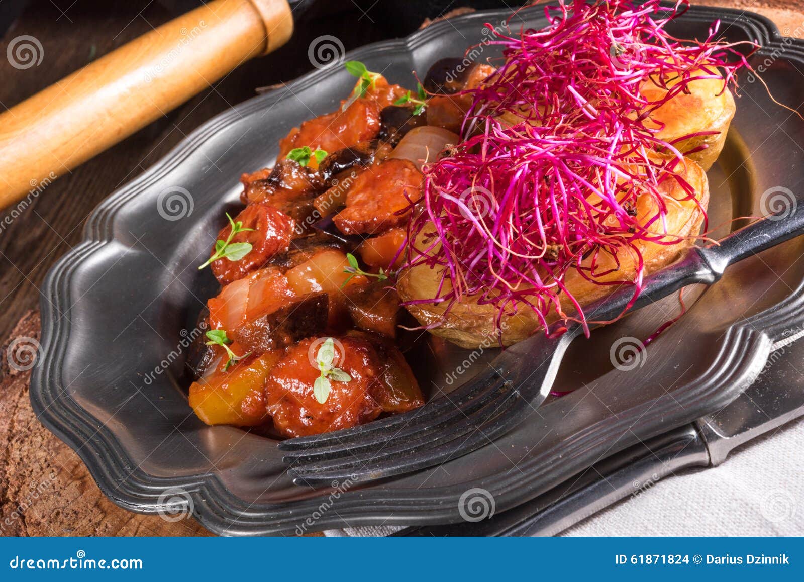 Ratatouille with Baked Potato and Beetroot Sprouts Stock Photo Image