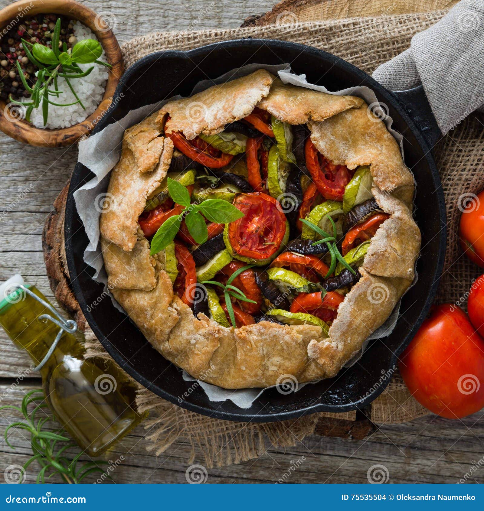 Ratatouille Galette Pie on Rustic Background Stock Photo - Image of