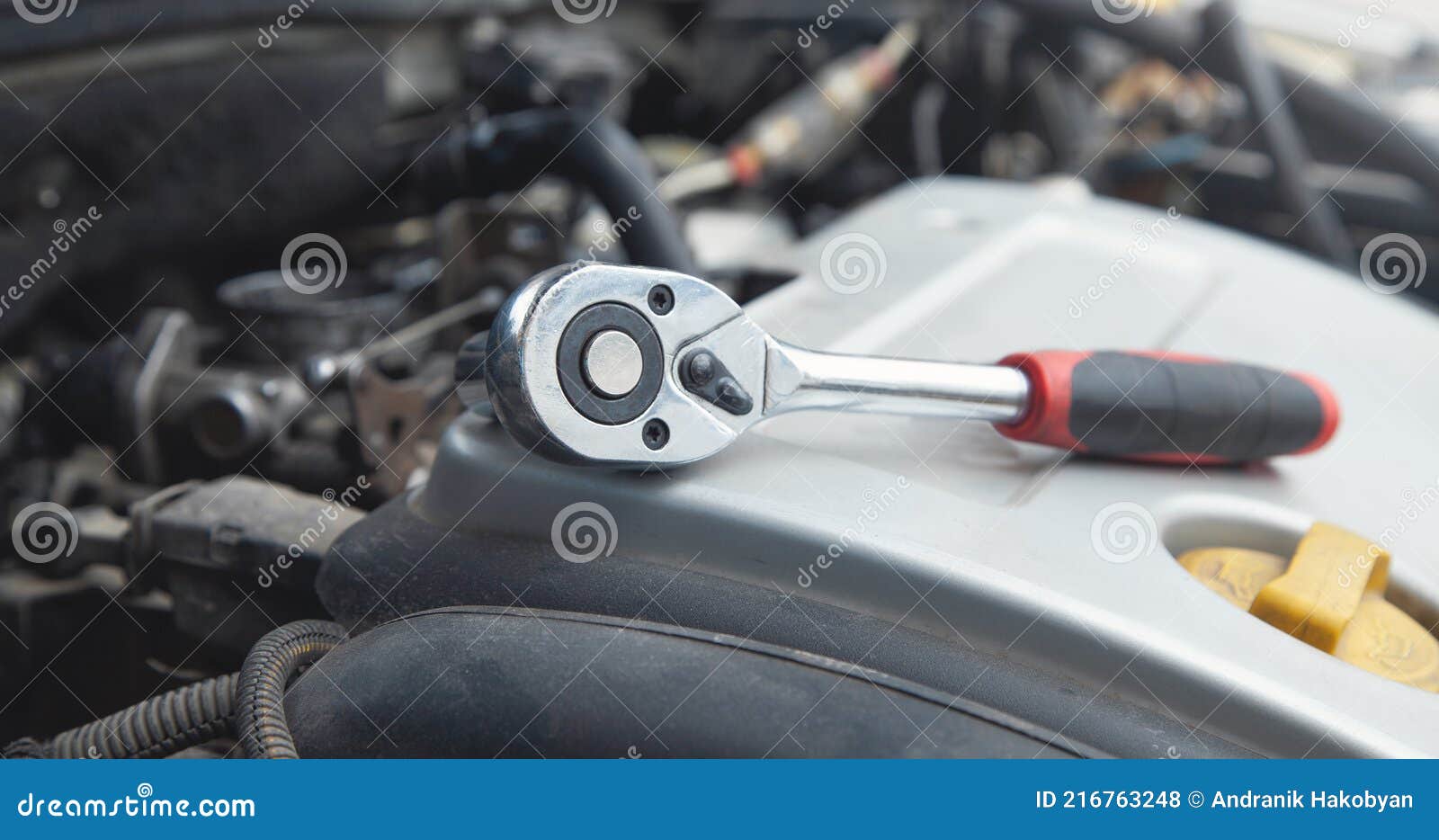 Ratchet Wrench on the Car Engine. Car Service Stock Photo Image of