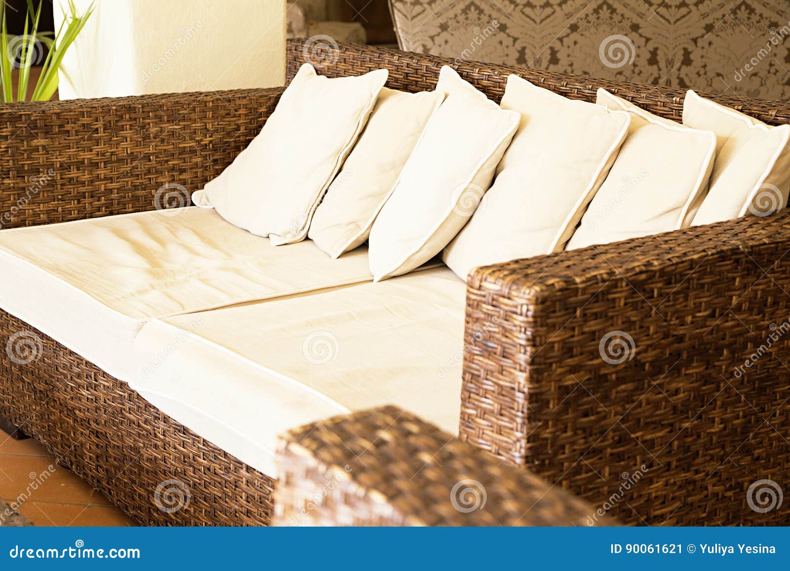 Rattan Sofa with Grey Cushions Stock Image Image of brick, lounge
