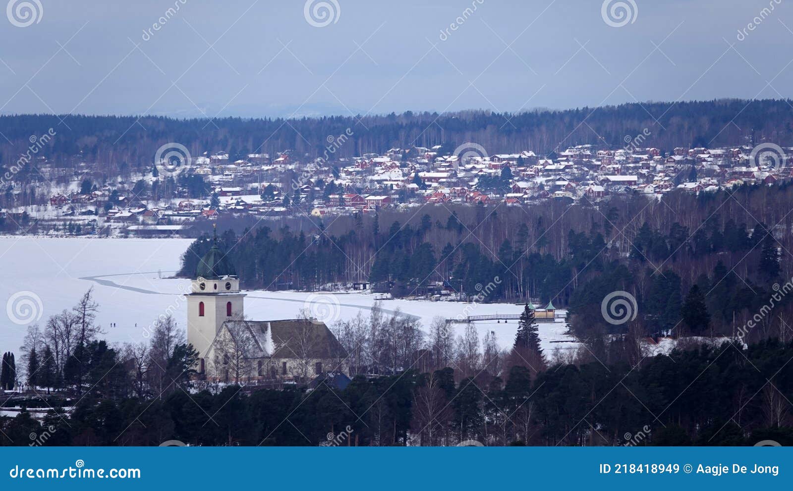 church of rattvik on lake siljan in winter in dalarna in sweden