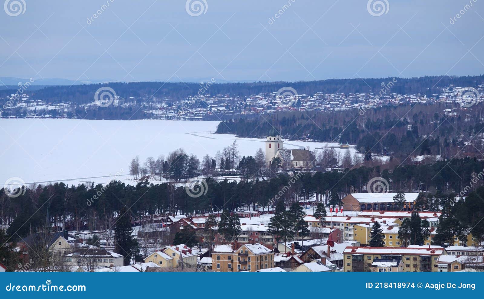 church of rattvik on lake siljan in winter in dalarna in sweden