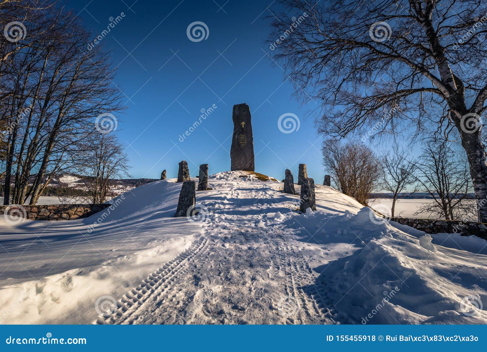 rattvik - march 30, 2018: king gustav vasa memorial runestone in rattvik, dalarna, sweden