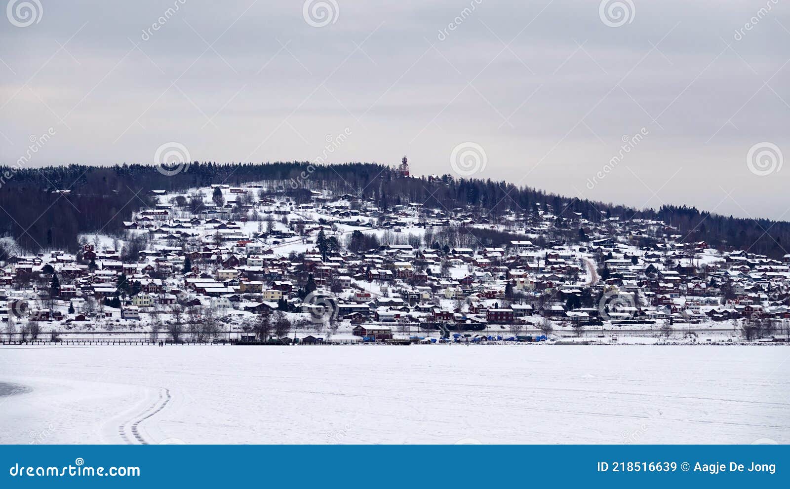 rattvik town on frozen lake siljan in dalarna in sweden