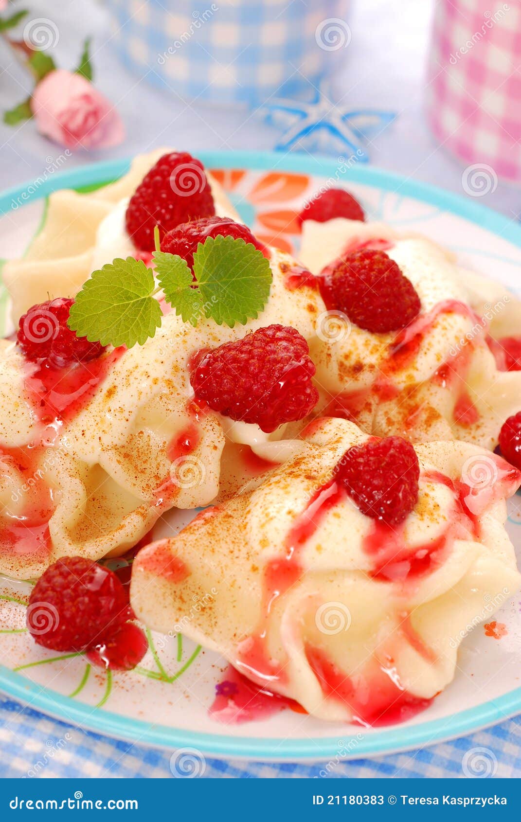 Ravioli (pierogi) with Cheese and Raspberry Stock Image Image of food