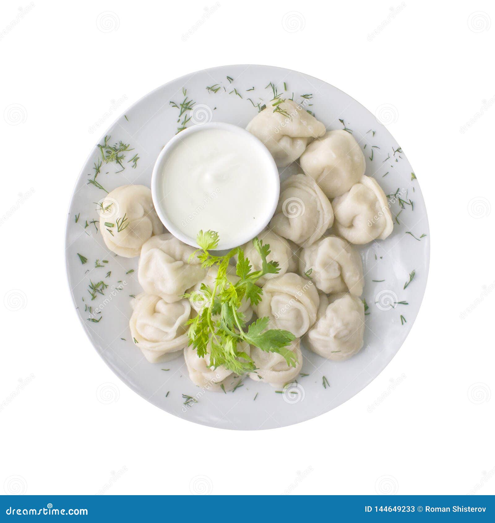 Ravioli and Sauce on the Plate, Isolated on White Background. Top View
