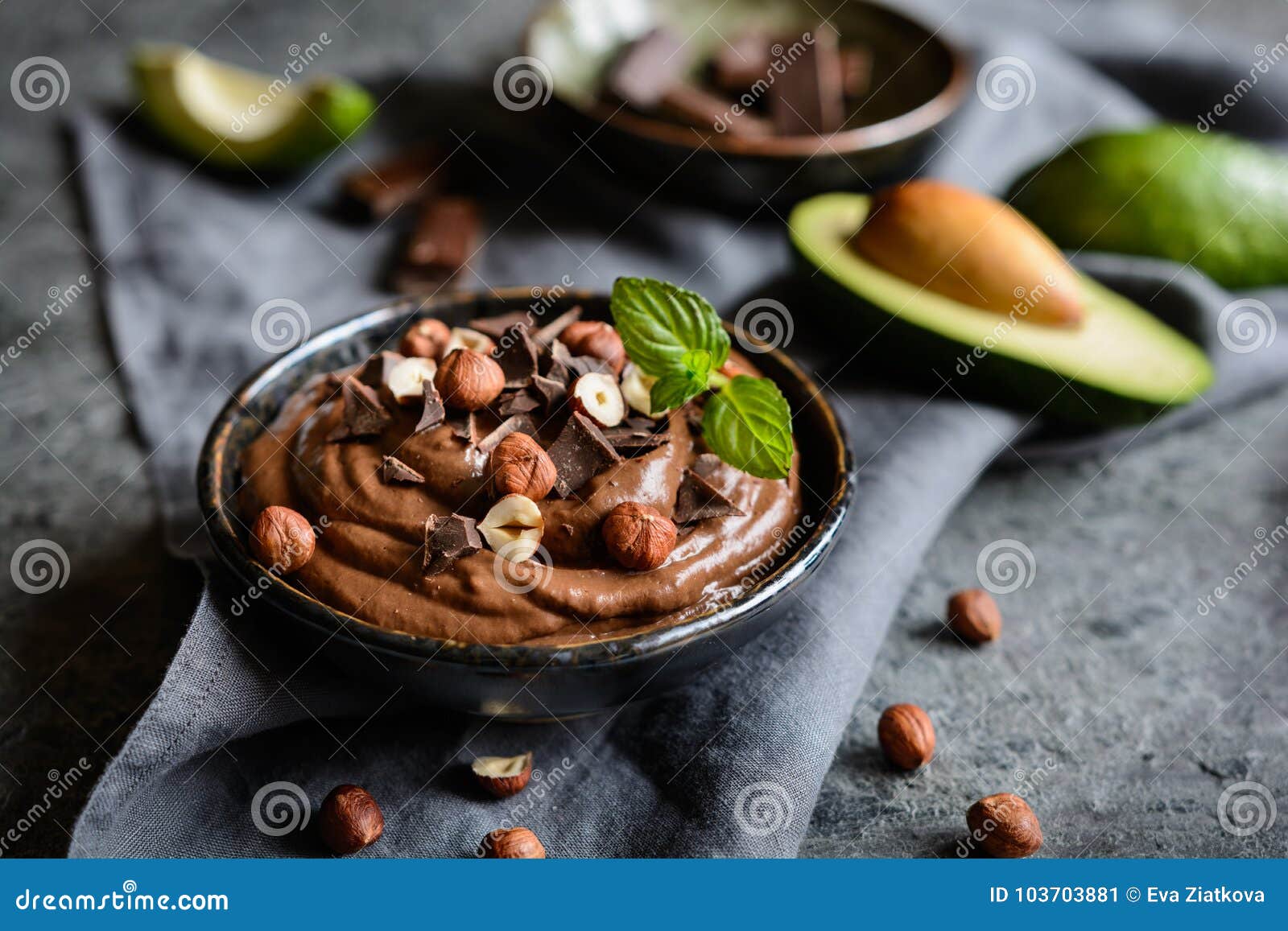 raw avocado chocolate mousse with hazelnuts