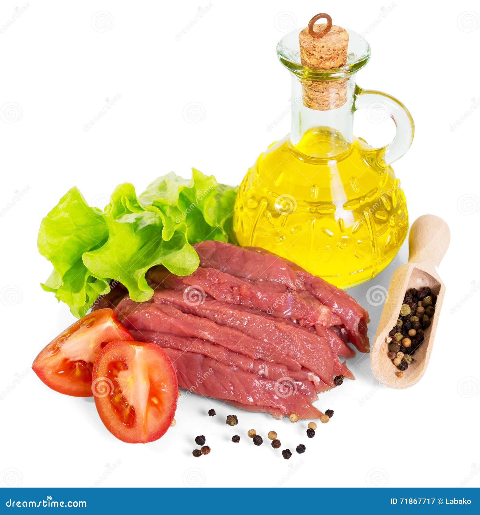 Raw Beef, Oil Bottle, Vegetables and Spices Isolated on White. Stock