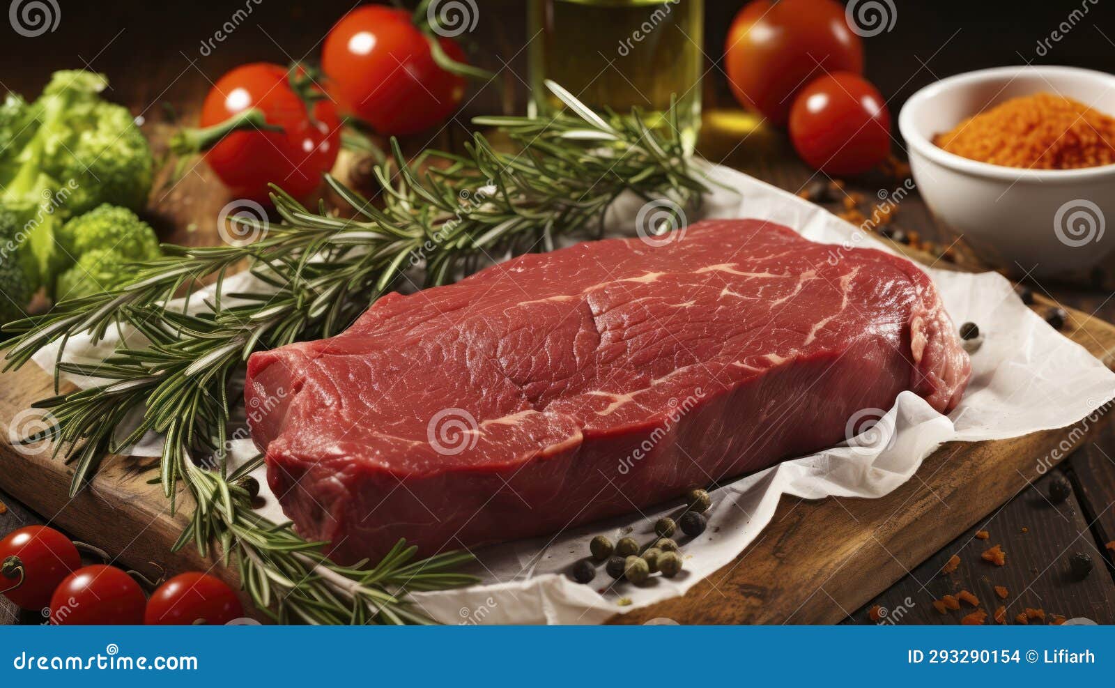 Raw Beef Steak Amidst Greens and Veggies. Generative AI Stock