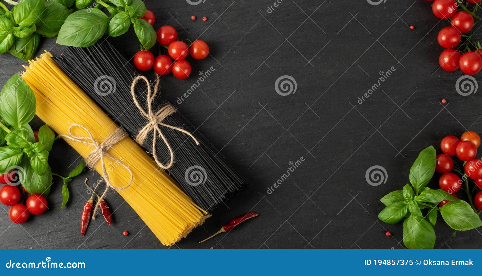 raw black spaghetti, dry pasta with cuttlefish ink