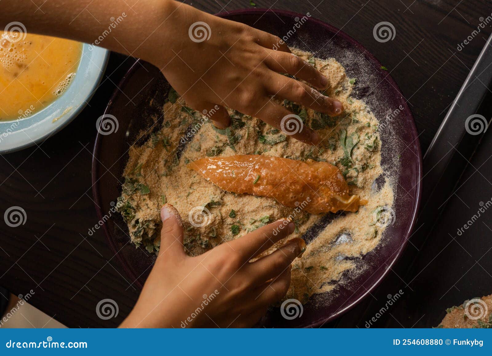 Raw Breaded Chicken Preparing Closeup Stock Photo Image of crumb, fresh 254608880
