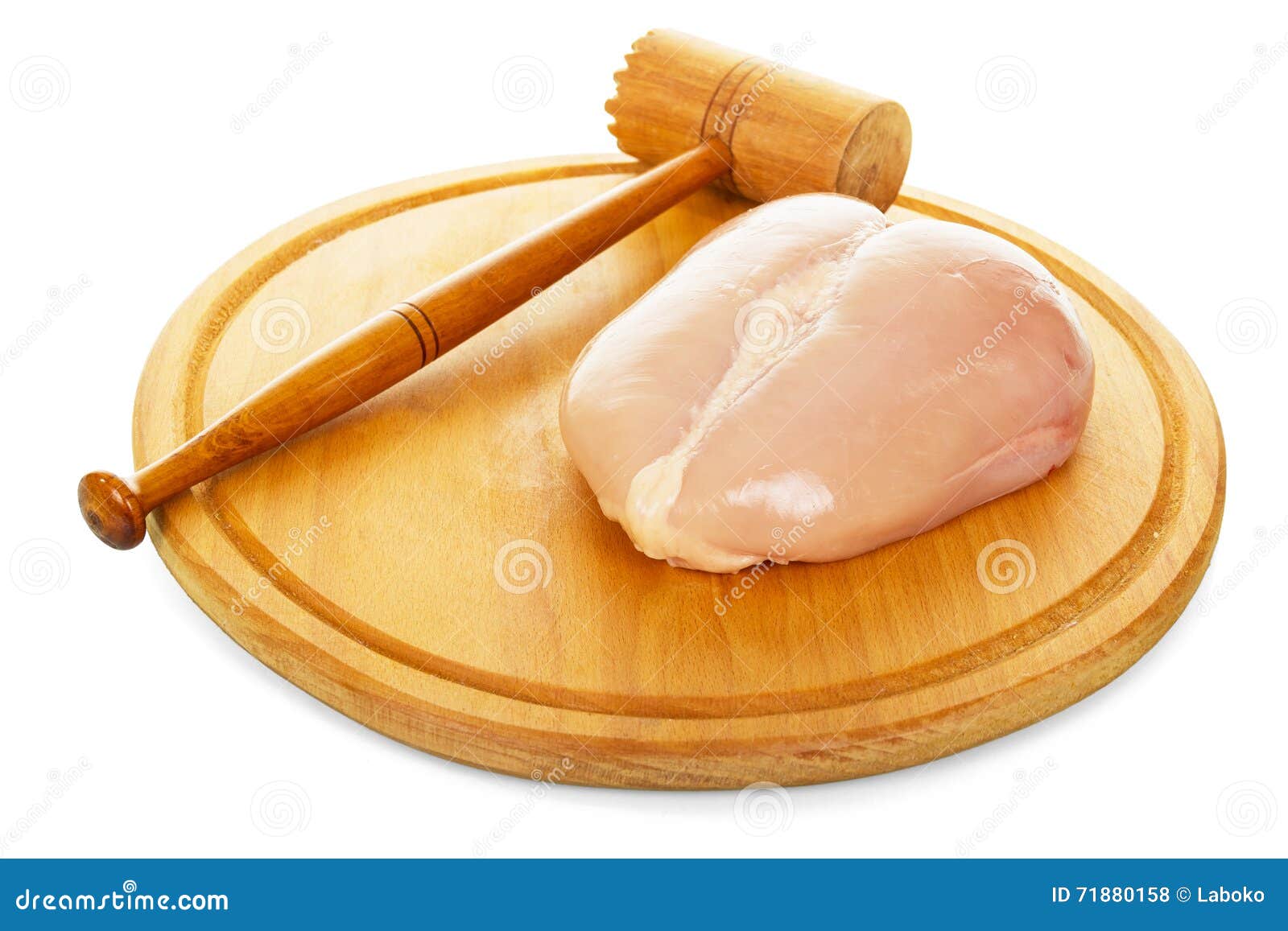 Raw Chicken Breast, Meat Tenderizer and Board Isolated on White. Stock