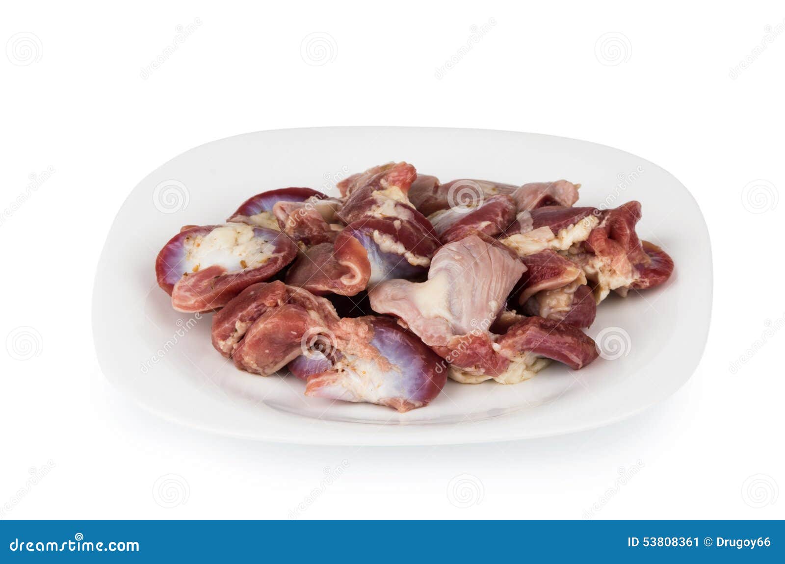Raw Chicken Gizzards And Hearts In Plate Isolated On White Stock Image