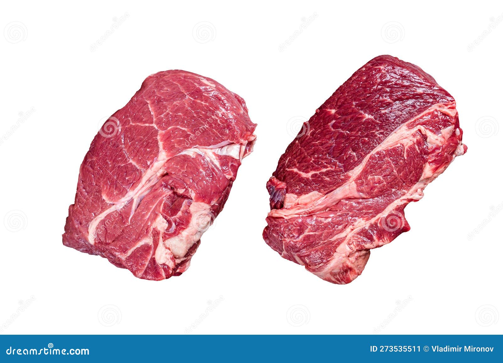 Raw Chuck Eye Roll Beef Steak on Butcher Table. Isolated on White Background. Stock Image