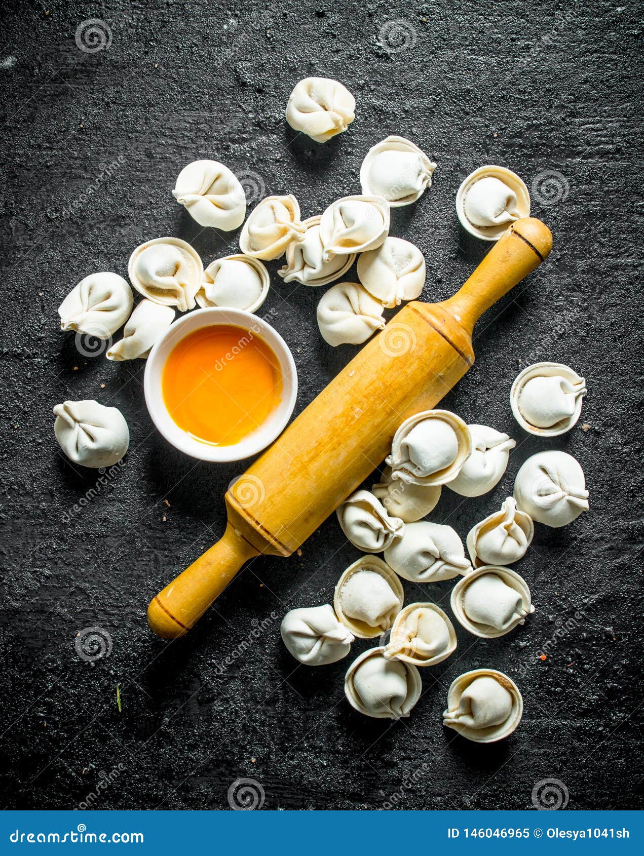 Raw Dumpling with a Rolling Pin and an Egg Stock Image Image of white