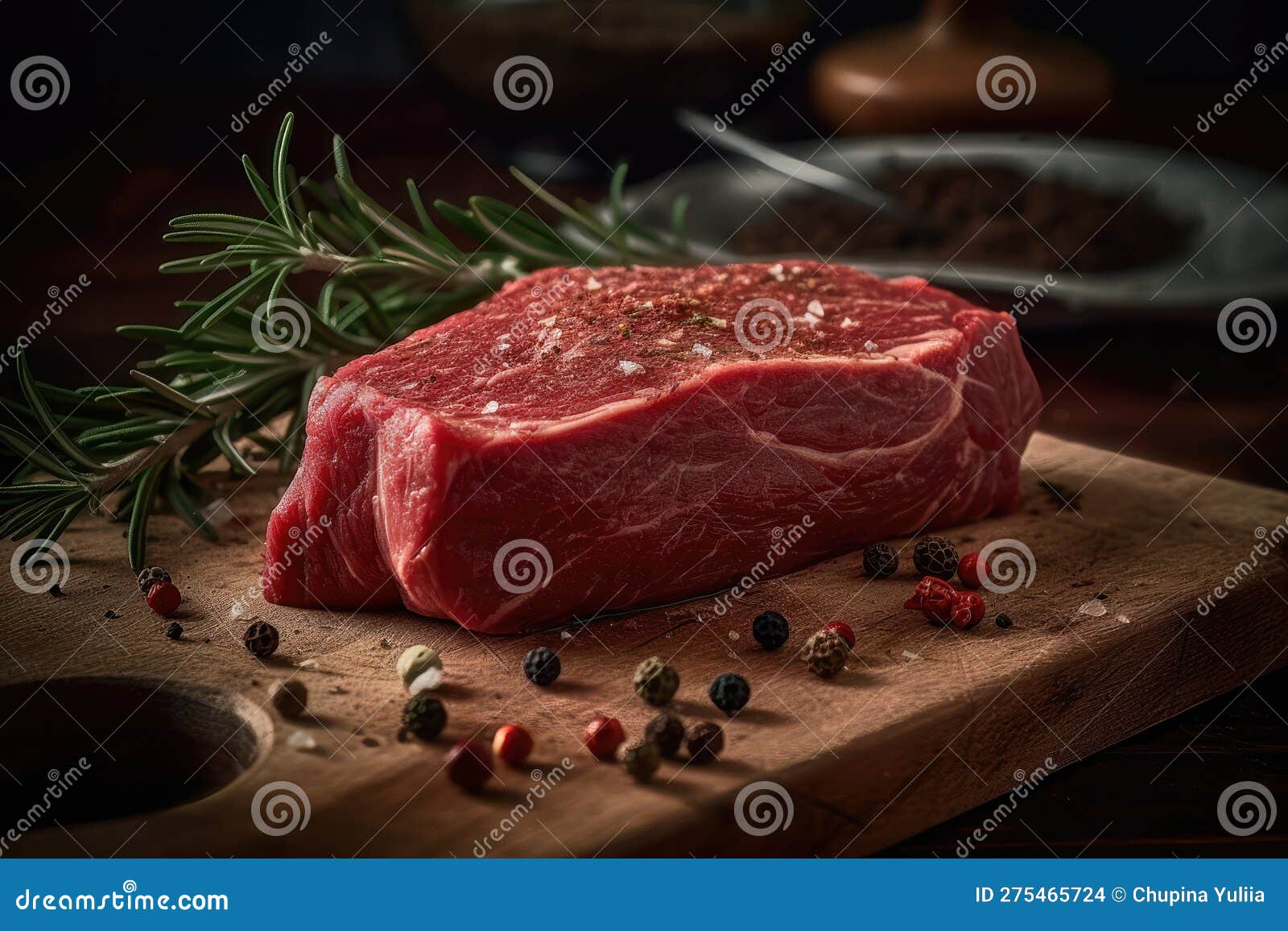 Raw Fillet Meat Beef on Board with Peper Seasoning and Green Rosemary ...