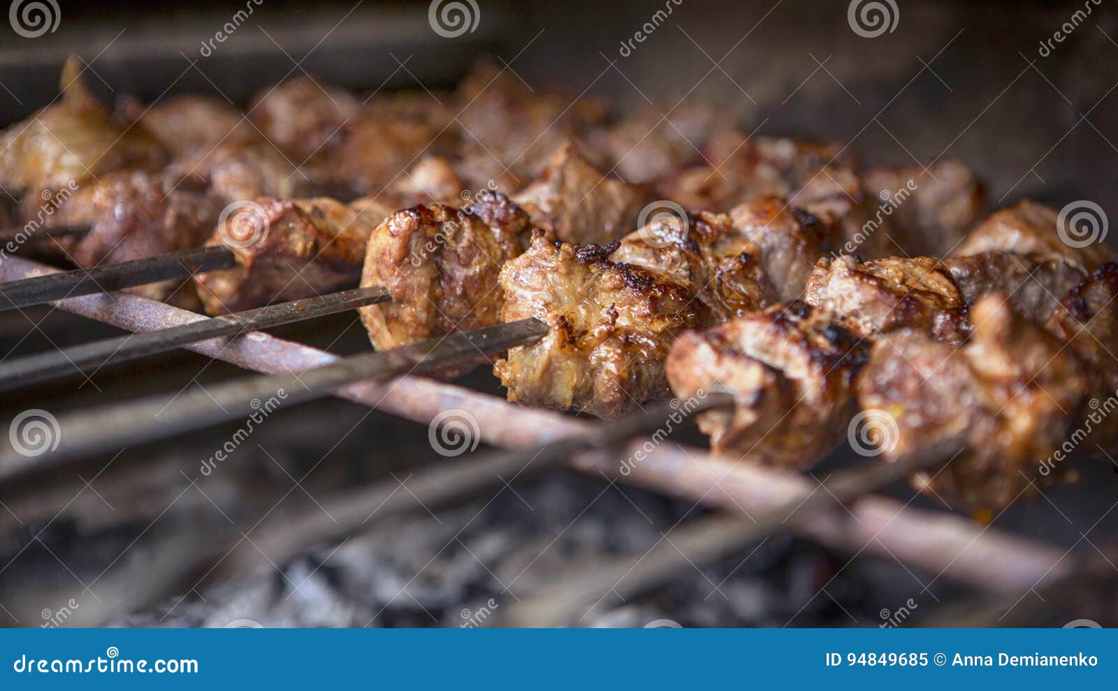 Raw Grilled Barbecue Pork Meet on Skewers on a Nature Outdoor I Stock ...