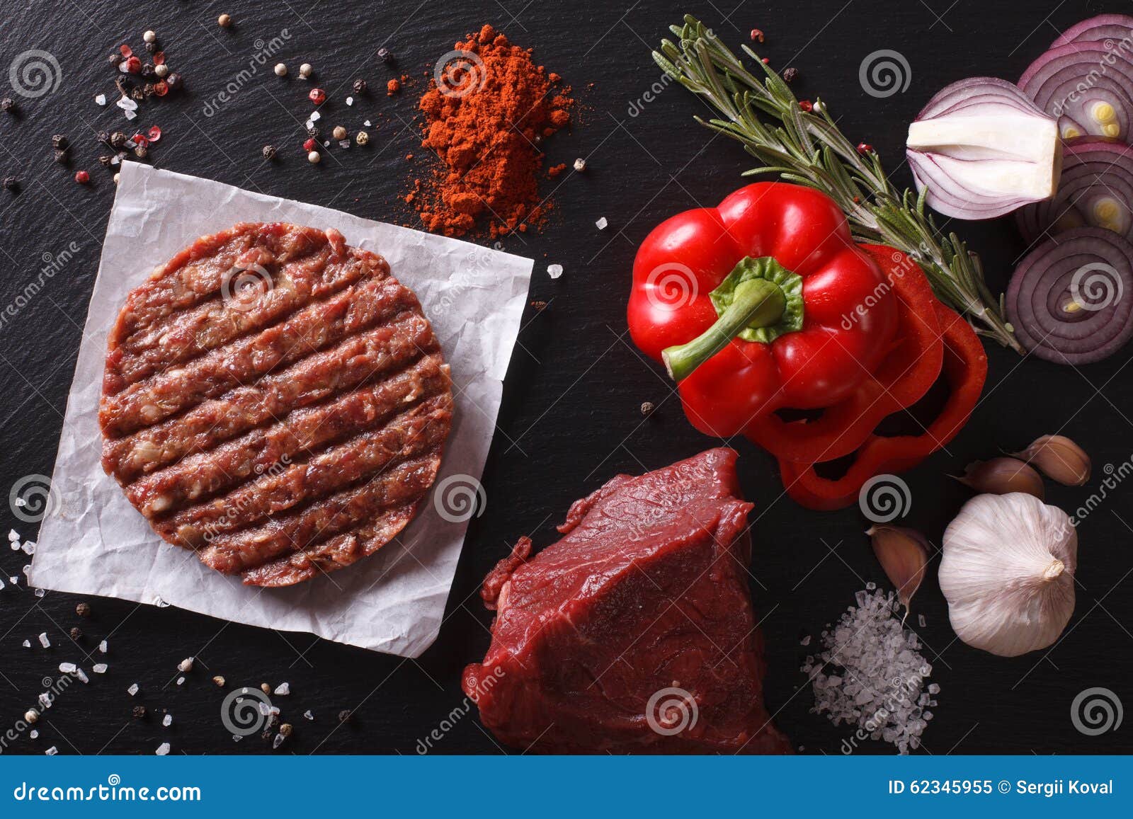 Raw Ground Beef Burger Steak Cutlets with Ingredients. Horizontal Top