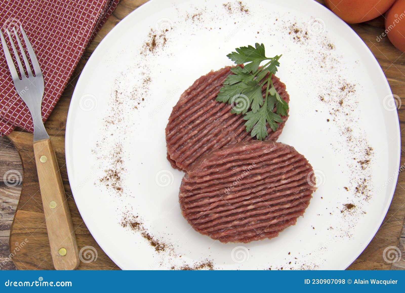 Raw Ground Beef Steaks on a Plate Stock Photo Image of minced, wood 230907098