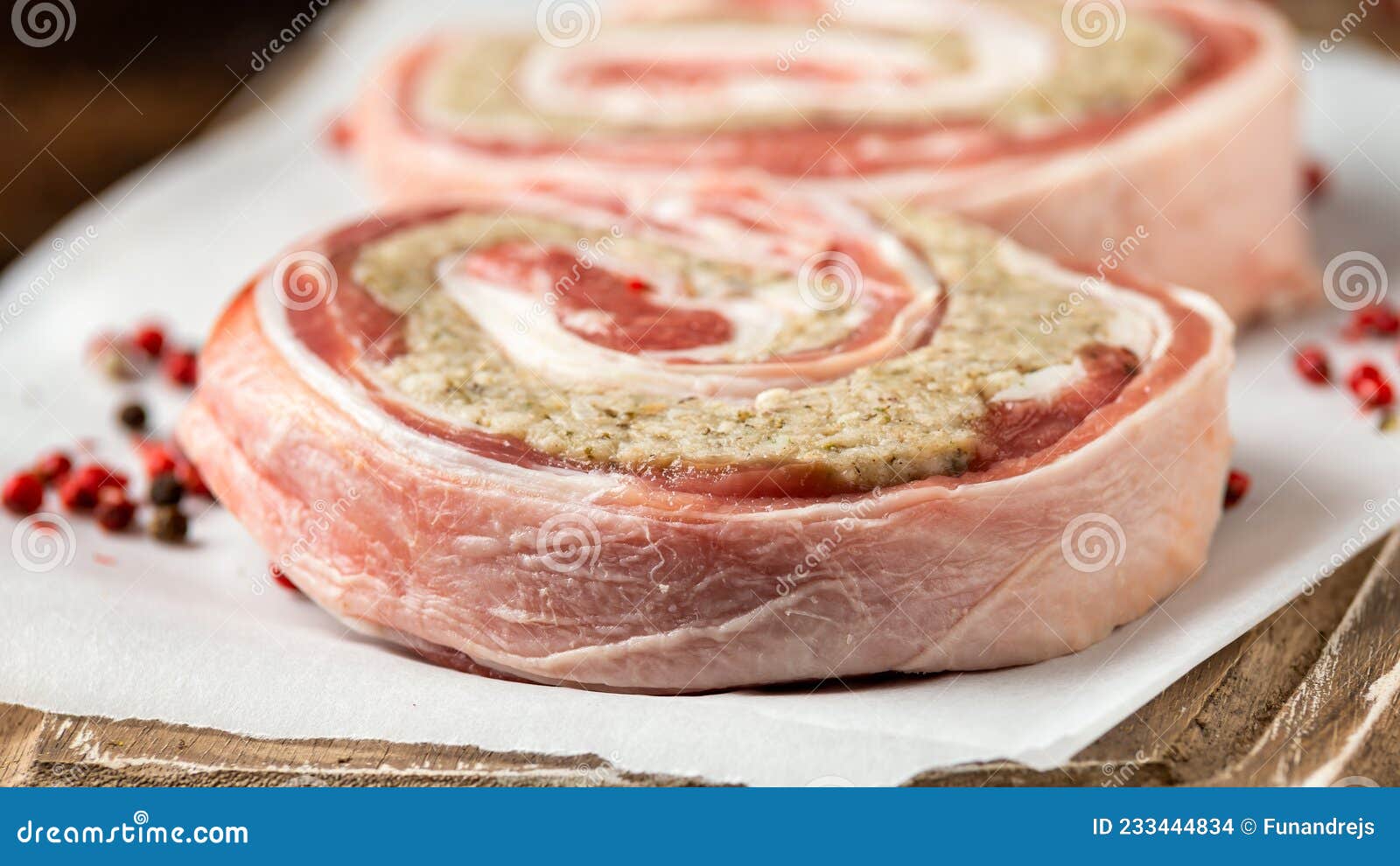 Raw Lamb Stuffed Breast Filled with Bread Sage and Onion Stock Photo