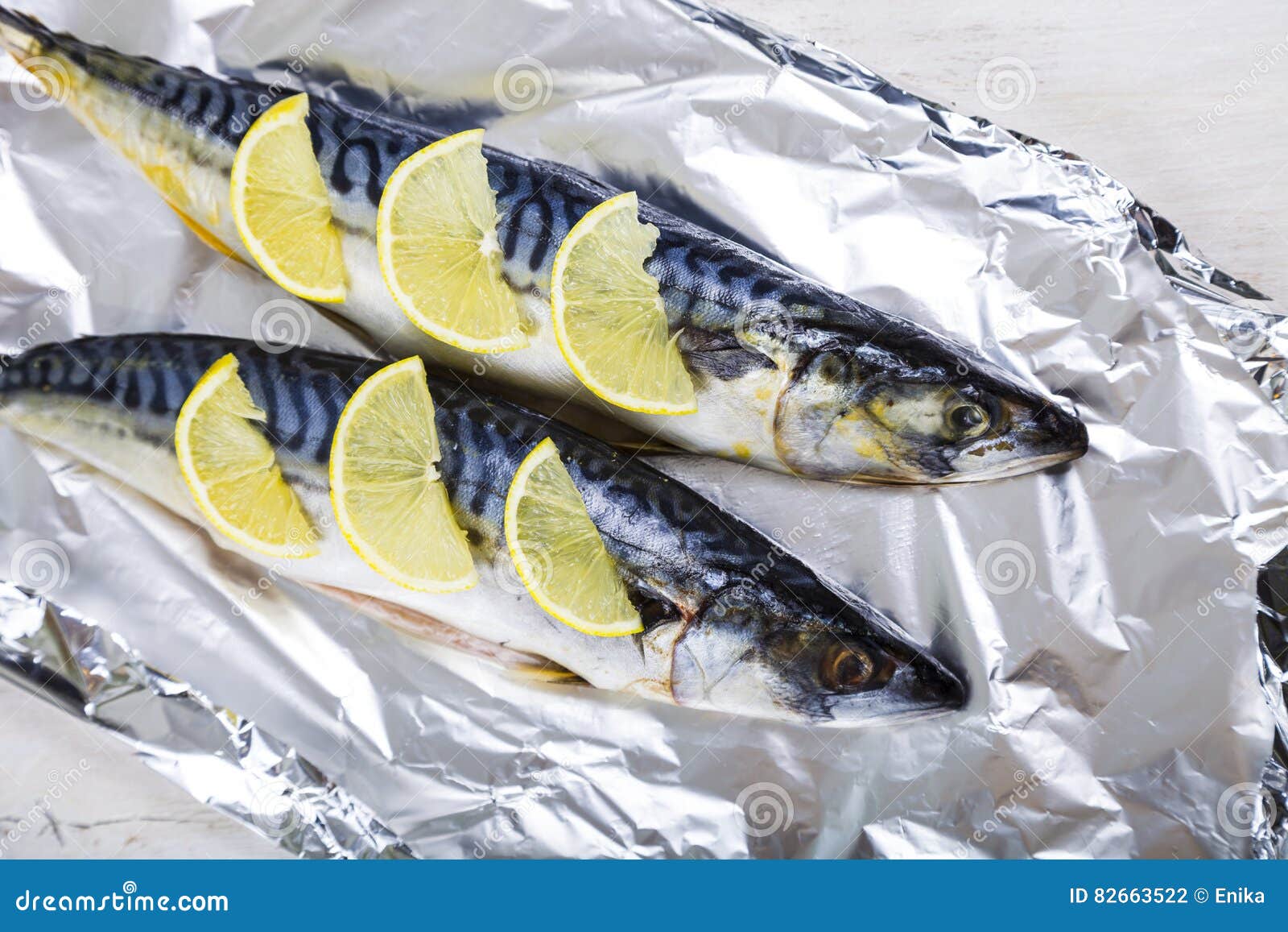 Raw Mackerel in Foil Close Up. Stock Photo Image of food, vegetable